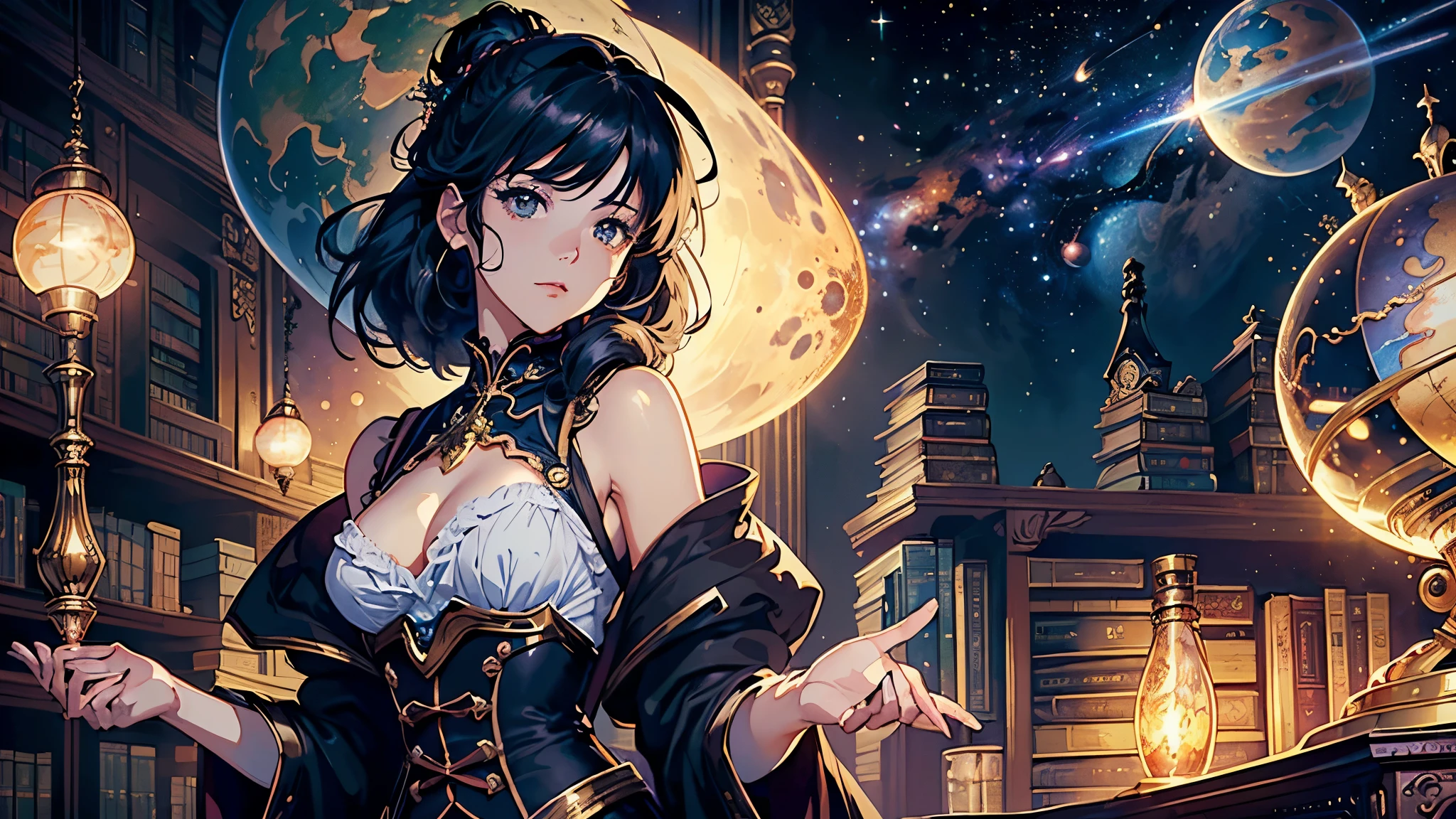 (highest quality、High resolution、masterpiece)、(Anime background art 4k)、((One Woman、astrologer、Astronomer、Upper Body、Black Hair、Small breasts)), ((Inside the large library、Large celestial globe、astrologerの机))、Victorian style、steampunk、Cinema Lighting、Ray Tracing、(Watercolor of singer Sargent)、