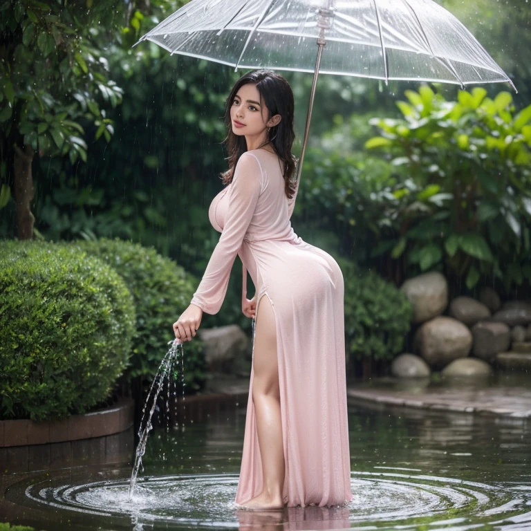 Arabic Woman walking in summer rain, ((in city park)), ((fully clothed)),, ((rain)), long pink summer dress, light grey cardigan, ((pink dress)), bracelets, jewelry, beads, closeup fantasy with water magic, housewife, overcast, humid, tropical, summery palette, playful, gentle smile, clothes made of water, photorealistic, dripping wet, beautiful realistic photo, hyper realistic fantasy photo, close up, narrow depth of field, 8k, ((drenched)), ((soaked)), (dripping water), dripping oil, heavy clothes, soaked in oil, medium breasts, lawn, wet all over, wet dripping hair, huge breasts, curvy, varied poses, emphasize round ass, producing round ass,