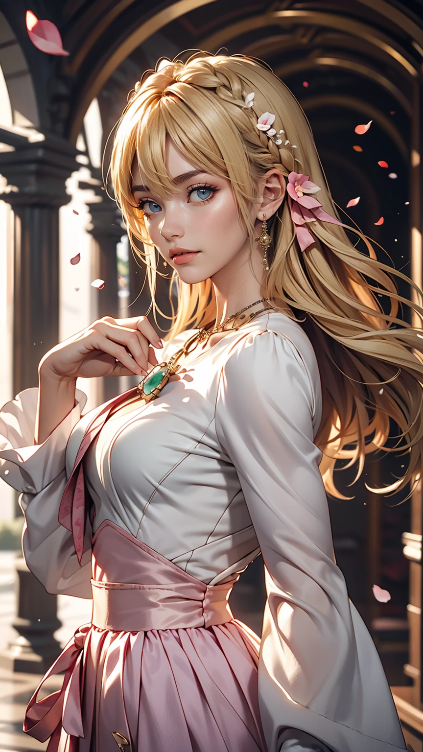 (Dynamic Angle:1.3),Extreme close up,the wind is strong,映画ofハイライト,1人of女of子,Upper Body,dancing,View Viewer, violet_Evergarden, alone, jewelry, blank eye,brooch, blonde_hair,( vevry long hair:1.2),floating hairlong_sleeve, ribbon, green_eye, Jacket, dress, gem, hair_ribbon,null, depth_of_Field, a close view of flying petal,