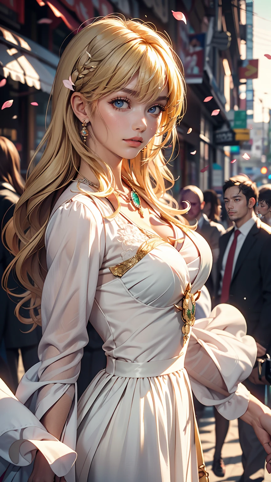 (Dynamic Angle:1.3),Extreme close up,the wind is strong,映画ofハイライト,1人of女of子,Upper Body,dancing,View Viewer, violet_Evergarden, alone, jewelry, blank eye,brooch, blonde_hair,( vevry long hair:1.2),floating hairlong_sleeve, ribbon, green_eye, Jacket, dress, gem, hair_ribbon,null, depth_of_Field, a close view of flying petal,