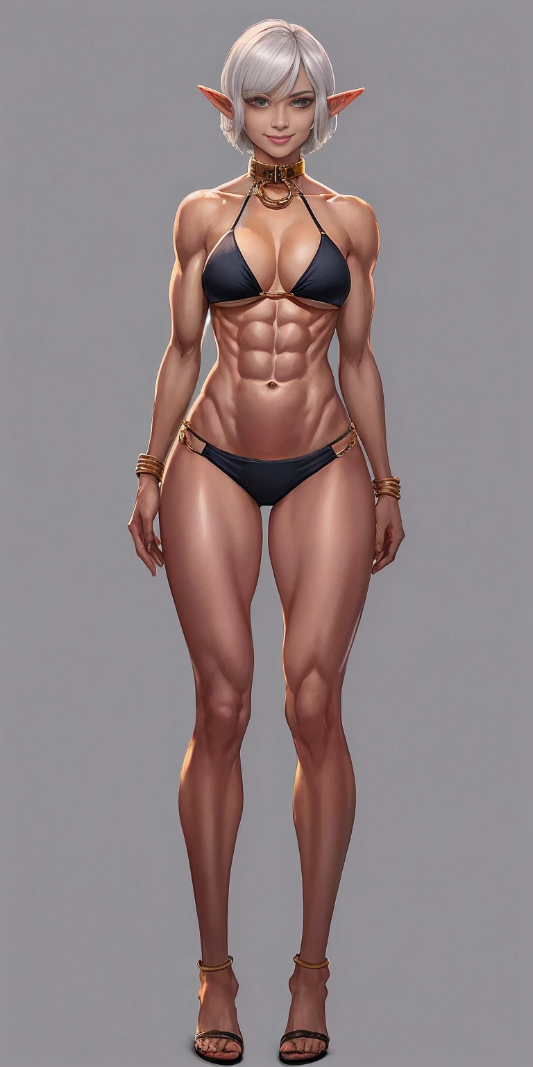 ((1girl)) full body, standing, drow elf, mature, detailed happy face, purple eyes, white shortbob hair, black bikini, abs, big knockers, golden chain collar, toned stomach abs