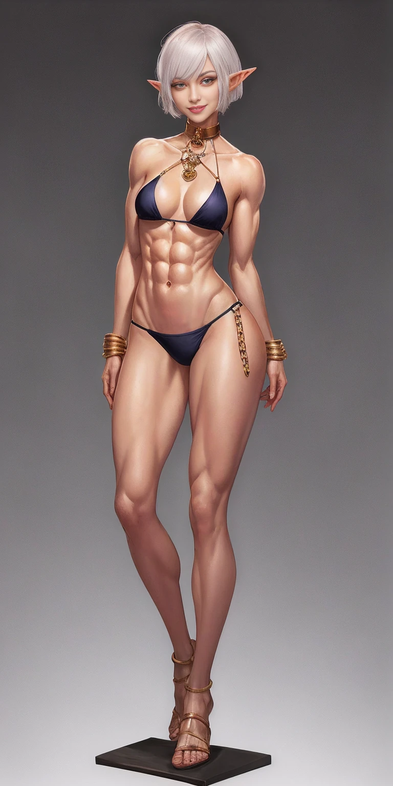 ((1girl)) full body, standing, drow elf, mature, detailed happy face, purple eyes, white shortbob hair, black bikini, abs, big knockers, golden chain collar, toned stomach abs