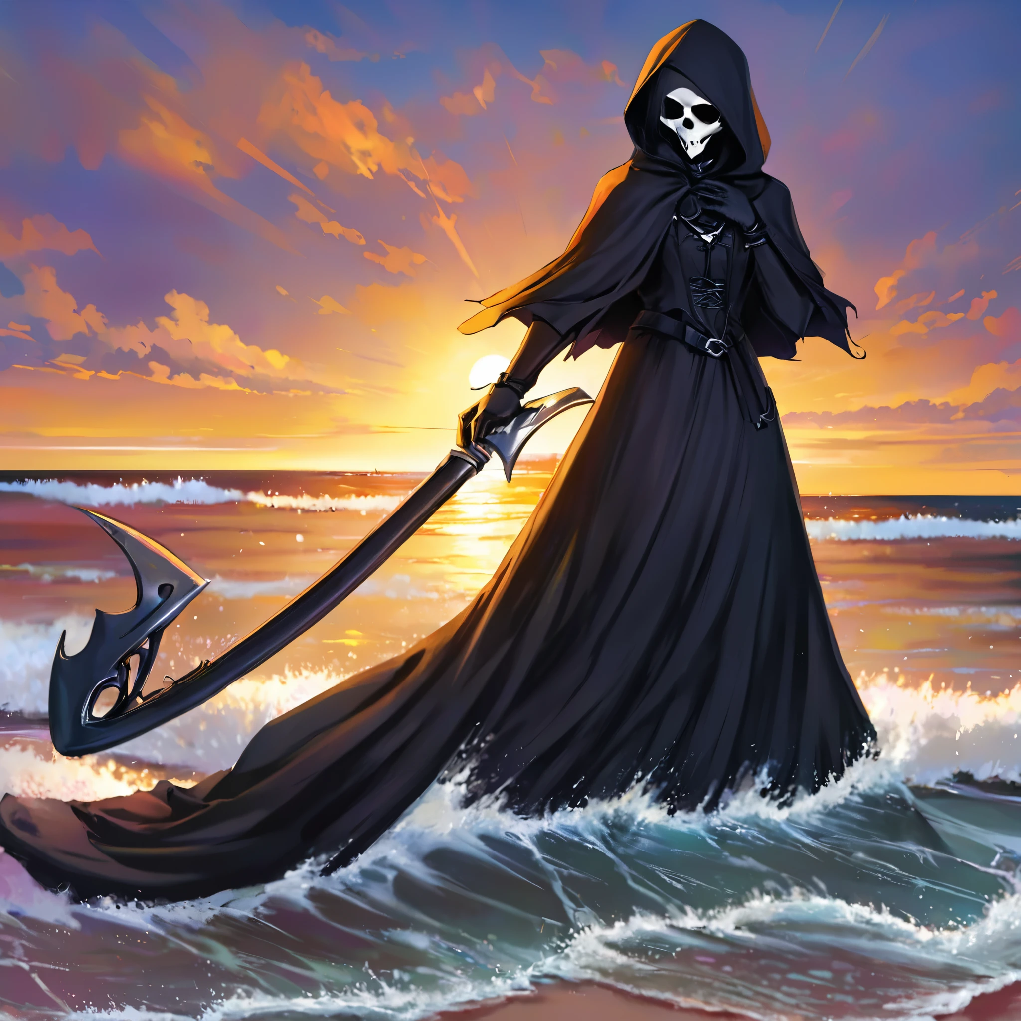 (best quality,4k,highres,masterpiece:1.2),ultra-detailed,(realistic:1.37),a black Grim Reaper,(beautiful:1.1 detailed:1.1) eyes,(sharp focus),(vivid colors),a grim reaper wearing a flowing black cloak,(beautiful detailed lips,sharp,refined),casually wielding her scythe,(sexy poses),on the beach,with crashing waves in the background,(dramatic lighting),her gloved hand elegantly raised in the air,creating a striking silhouette against the setting sun.