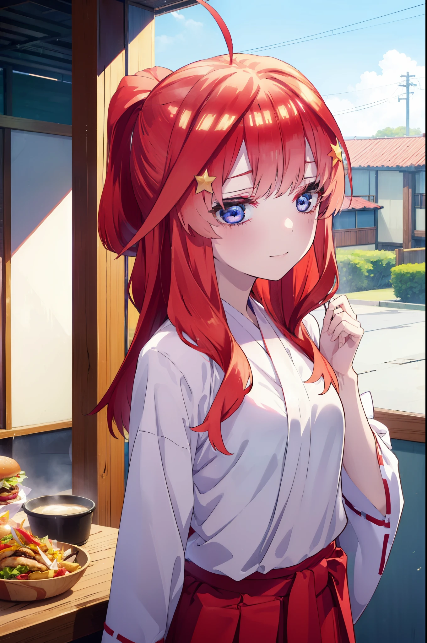 itsukinakano, Itsuki Nakano, bangs, blue eyes, Hair between the eyes, Ahoge, Redhead, star \(symbol\), hair ornaments, star hair ornaments,happy smile, smile, Close your mouth,
Bellflower,Shrine maiden,white kimono, Red too,kimono, Same as skirt, Wide sleeves, Long sleeve, Thick sleeves,Red Hakama,White tabi,Sandals,Ribbon Trim Sleeve, Low Ponytail, noon,sunny,background,blue sky,The viewer is staring at a pile of burgers on a table., Are standing, 
break looking at viewer, Upper Body, whole body,
break indoors, Burger Shop,
break (masterpiece:1.2), highest quality, High resolution, unity 8k wallpaper, (shape:0.8), (Fine and beautiful eyes:1.6), Highly detailed face, Perfect lighting, Highly detailed CG, (Perfect hands, Perfect Anatomy),