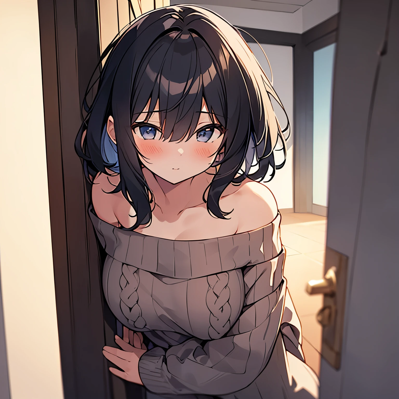 Masterpiece, Top quality, pov,1 beautiful girl, solo, 1girl and 1 boy, (a boy is pinning her against the wall :1.2), boy's arms, black hair, short hair, wave hair,15 year old, medium breasts, standard weight, (Off-the-shoulder sweater:1.3), blush :1.5, incoming kiss, beautiful scene of living room wall, she is standing in front of the wall, blurry background, sunset, from above:1.3, close up of face:1.5,