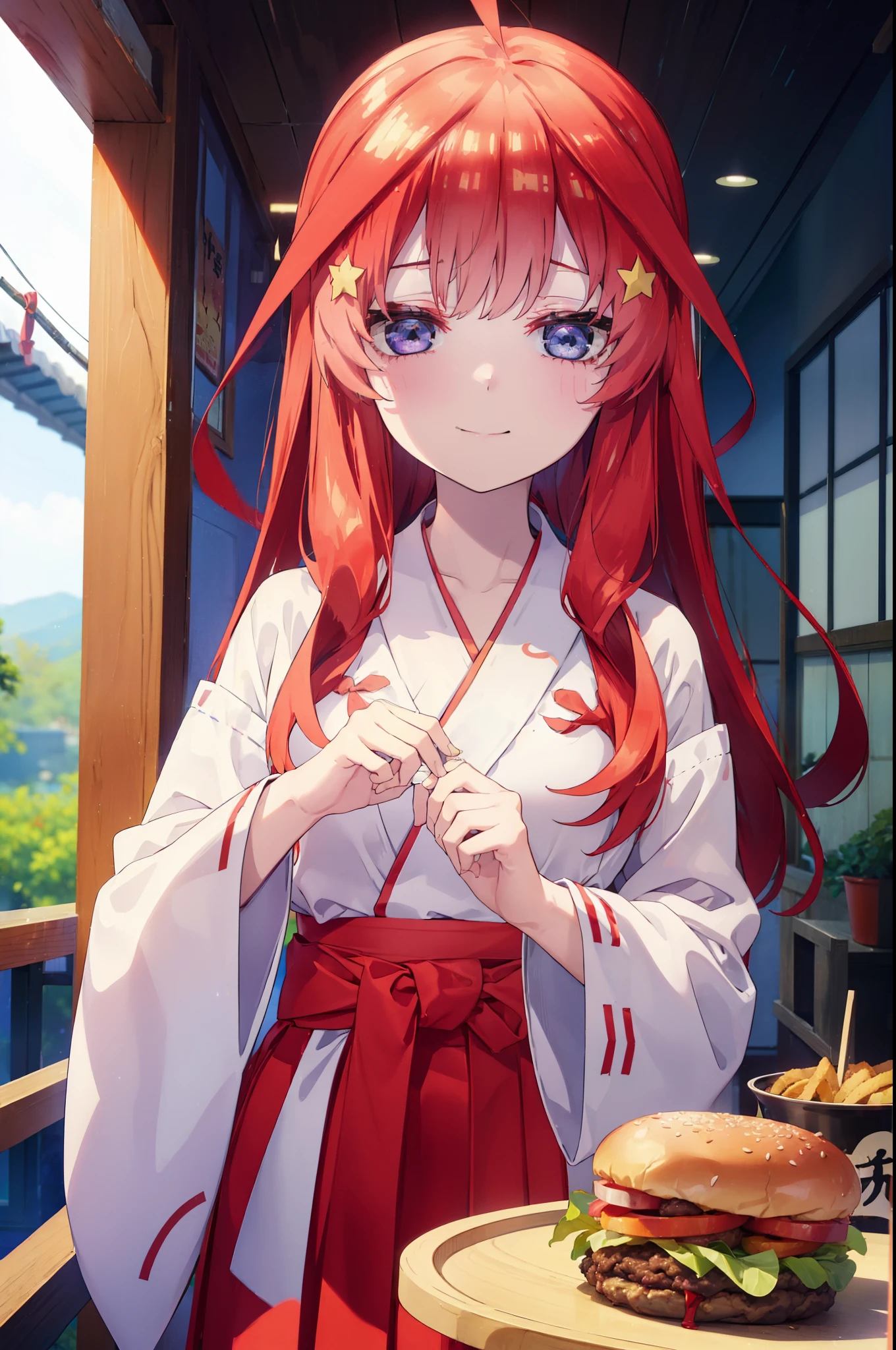 itsukinakano, Itsuki Nakano, bangs, blue eyes, Hair between the eyes, Ahoge, Redhead, star \(symbol\), hair ornaments, star hair ornaments,happy smile, smile, Close your mouth,
Bellflower,Shrine maiden,white kimono, Red too,kimono, Same as skirt, Wide sleeves, Long sleeve, Thick sleeves,Red Hakama,White tabi,Sandals,Ribbon Trim Sleeve, Low Ponytail, noon,sunny,background,blue sky,The viewer is staring at a pile of burgers on a table., Are standing, 
break looking at viewer, Upper Body, whole body,
break indoors, Burger Shop,
break (masterpiece:1.2), highest quality, High resolution, unity 8k wallpaper, (shape:0.8), (Fine and beautiful eyes:1.6), Highly detailed face, Perfect lighting, Highly detailed CG, (Perfect hands, Perfect Anatomy),