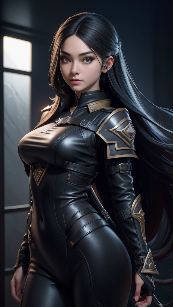 best quality, (original photo:1.2), (masterpiece:1.4), (Reality:1.4), (High resolution:1.4), Depth of Field, Airline stewardess, Complex details, 8K, Very detailed, Perfect lighting, Epic Background, Solitary, Ultra-detailed photos, ((portrait digital art)) Unreal Engine 5 8K UHD Girl, concept art, Character concept design, Wearing black leather bodysuit and shoulder armor, Red carpet, Black long hair, ((Assassin Girl)), best quality, masterpiece, Super detailed, Clear focus, Woman posture
