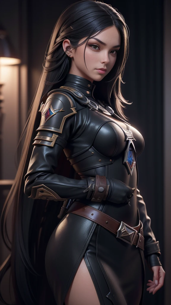 best quality, (original photo:1.2), (masterpiece:1.4), (Reality:1.4), (High resolution:1.4), Depth of Field, Airline stewardess, Complex details, 8K, Very detailed, Perfect lighting, Epic Background, Solitary, Ultra-detailed photos, ((portrait digital art)) Unreal Engine 5 8K UHD Girl, concept art, Character concept design, Wearing black leather bodysuit and shoulder armor, Red carpet, Black long hair, ((Assassin Girl)), best quality, masterpiece, Super detailed, Clear focus, Woman posture
