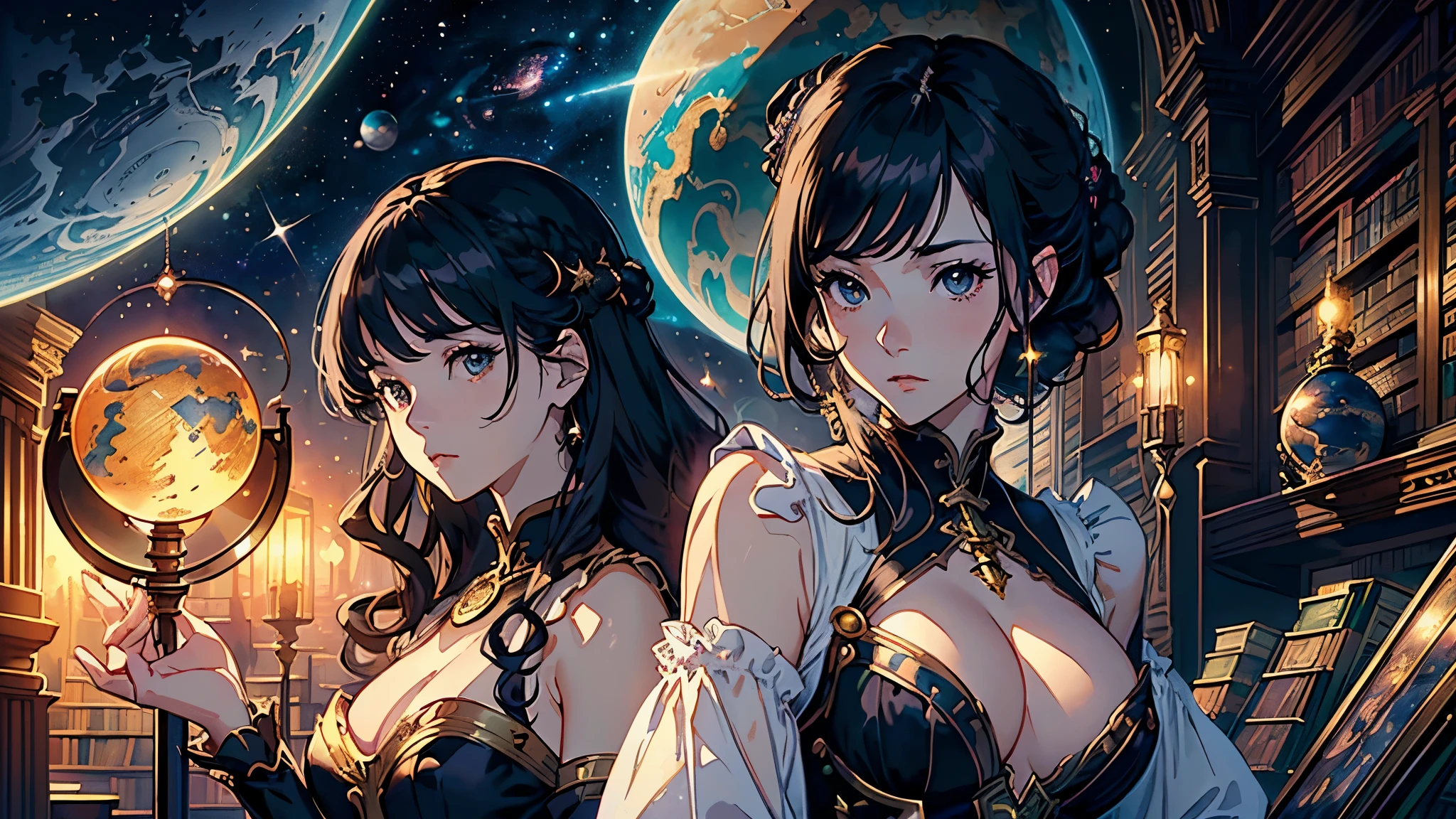 (highest quality、High resolution、masterpiece)、(Anime background art 4k)、((One Woman、astrologer、Astronomer、Upper Body、Black Hair、Small breasts)), ((Inside the large library、Large celestial globe、astrologerの机))、Victorian style、steampunk、Cinema Lighting、Ray Tracing、(Watercolor of singer Sargent)、