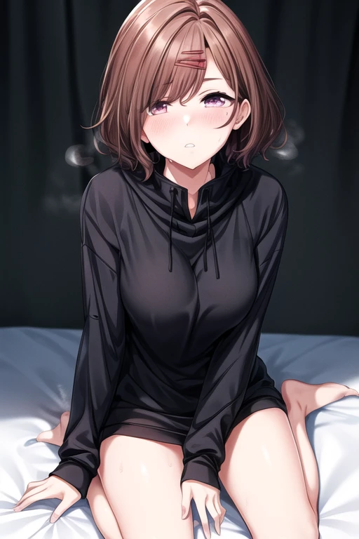 Brown hair long ninja girl　hair longer than shoulders　Wearing a black hoodie and a black skirt　White underwear　White skin　blue eyes　With bangs　Beautiful face　Thin legs　A little bit of cleavage is visible　sitting on the bed　Legs bent　Anime Style