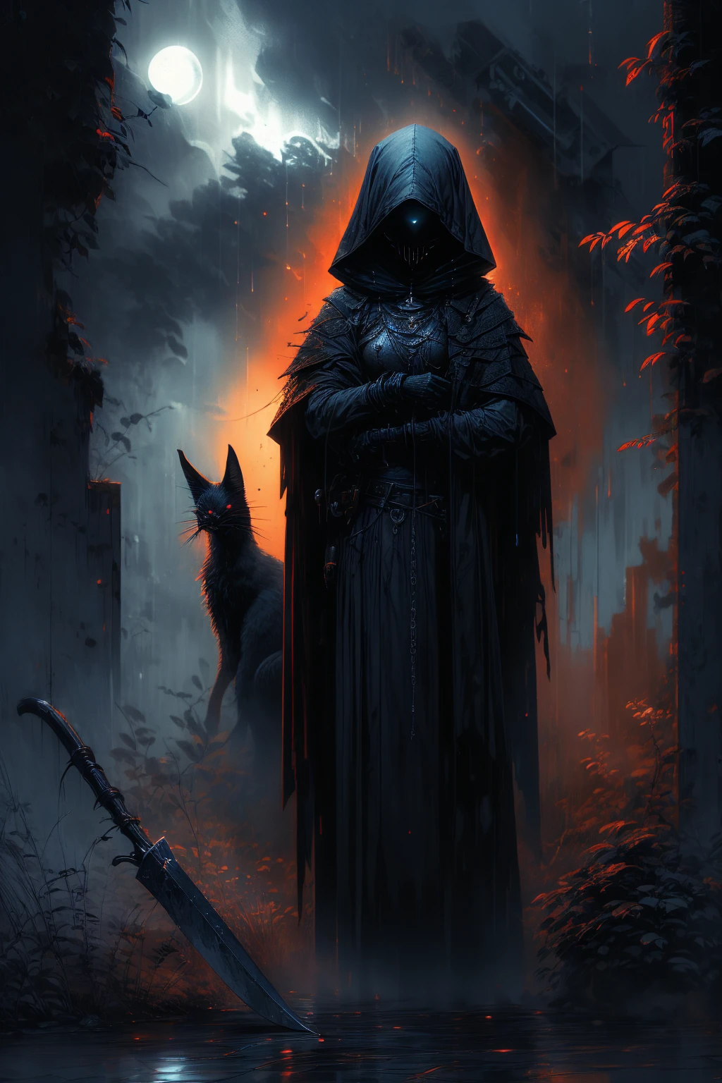 (best quality,highres),detailed reaper with scythe,ominous atmosphere,dark fantasy,gothic style,heavy shadows,misty fog,moonlit night,rustling leaves,sinister presence,mysterious figure,sharp sickle,hooded cloak,ethereal glow,ominous sky,chilling wind,ominous aura,gloomy setting,whispering echoes,haunting landscape,spectral beauty,color contrast,dramatic composition,spooky vibes,dark imagery.