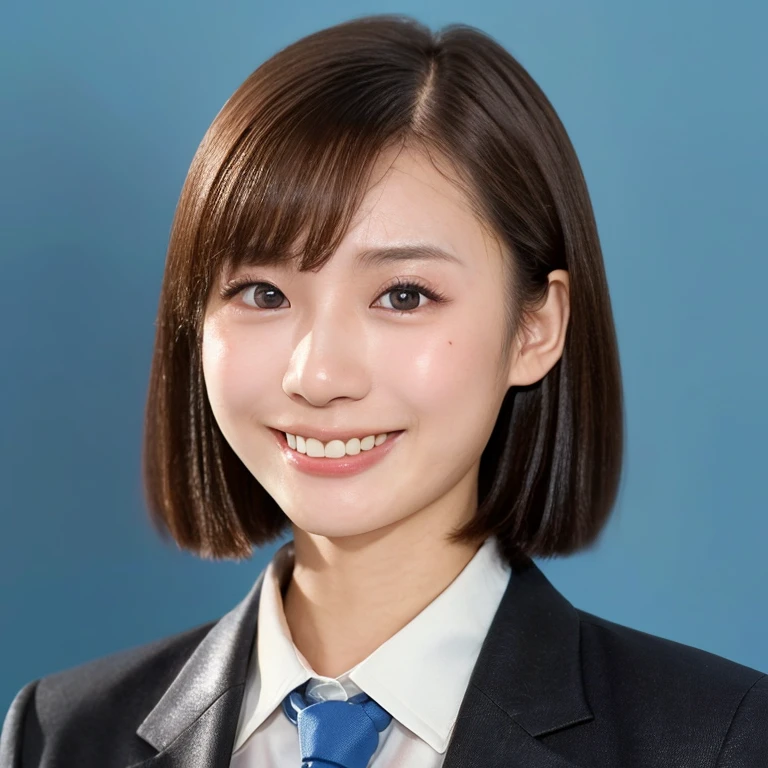 NSFW, (kawaii 24 year-old Japanese female, Nogizaka idol, Korean idol), (glossy brown hair, very short hair, forehead:1.3), (beautiful black eyes, rounded face, narrow shoulders, single eyelid, no makeup, splash laughing:1.3), (wearing suit jacket, collared shirt, necktie:1.3), (extra small breasts:0.9), BREAK, (simple blue background:1.3), (view from forward, bust shot, wide shot, id photo:1.3), BREAK, (masterpiece, best quality, photo realistic, official art:1.4), (UHD, 8K quality wallpaper, high resolution, raw photo, golden ratio:1.3), (shiny skin), professional lighting, physically based rendering, award winning, (highly detailed skin, extremely detailed face and eyes), Carl Zeiss 85 mm F/1.4, depth of field, (1girl, solo),