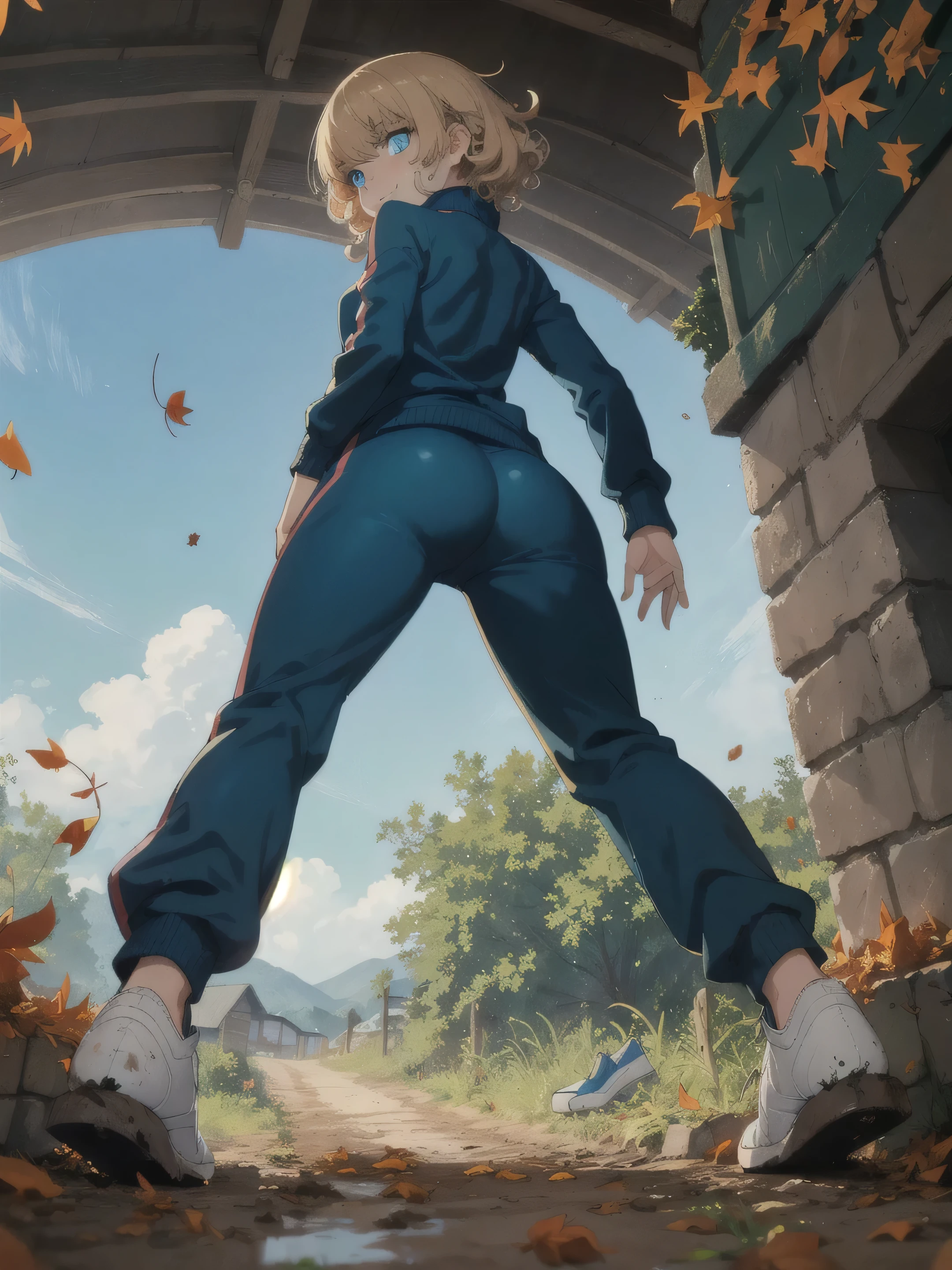 1girl, angry, curly hair, looking at viewer,(beautiful detailed blue eyes), (Persona:1.2),, spread legs,(Satonaka_chie), squatting, (over size Colorful track suit pants),(), line off, smile, (((highlight in eyes))), (((small mat))), (((Narrow gravel road))), (thick outline), Mud road, ((Crouch on a muddy doormat)), (glowing eyes), (((Arch your back))), (from below:1.6), long weeds, (from behind:1.3), blue sky, (Fallen leaves on the soles of shoes:1.4)