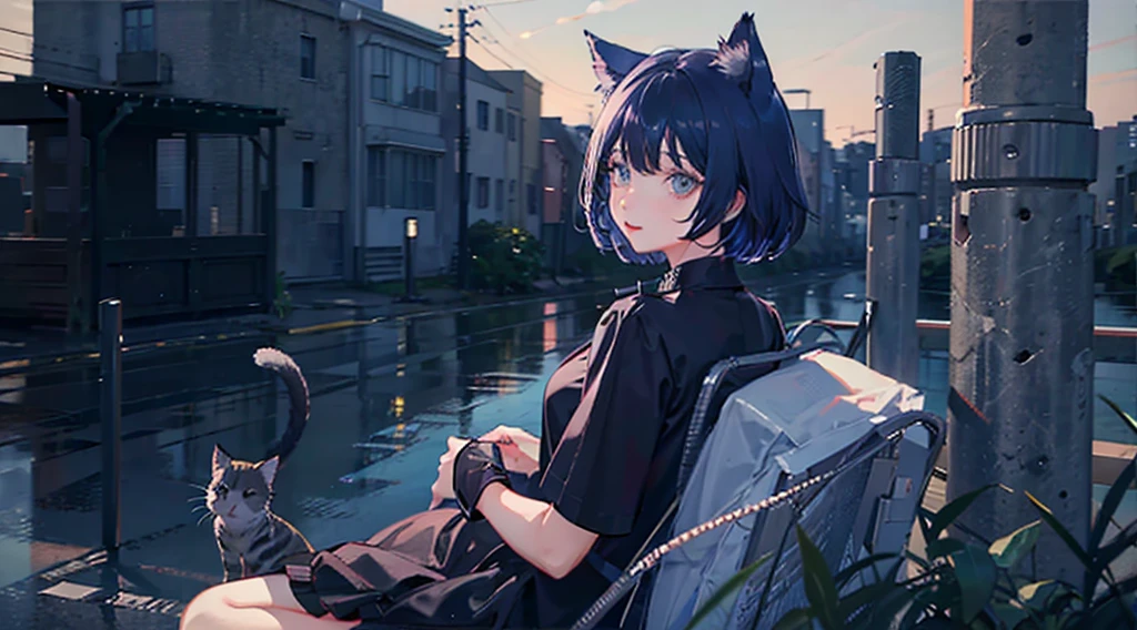 1 girl、solo、Landscape、Sitting、Cat ear、Black Hair、short hair、bangs、Cat&#39;s Tail、Holding a big black cross、Sitting on the floor holding your knees、cyber punk、neon、Shorts、Short sleeve、Town