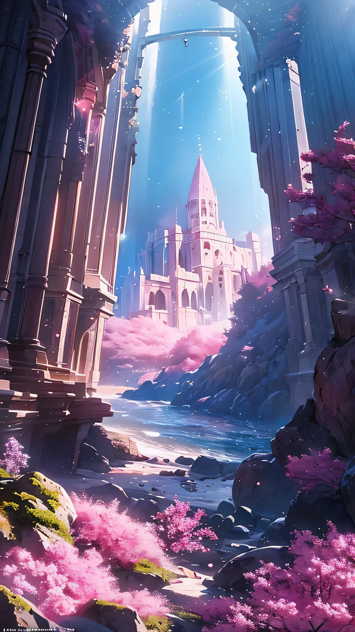 Amazing pink tree on the rocks on the beach, A realistic depiction style of light, aisle, Art inspired by faith, ruins, Light-filled scene, immersive environments, Floral and natural motifs