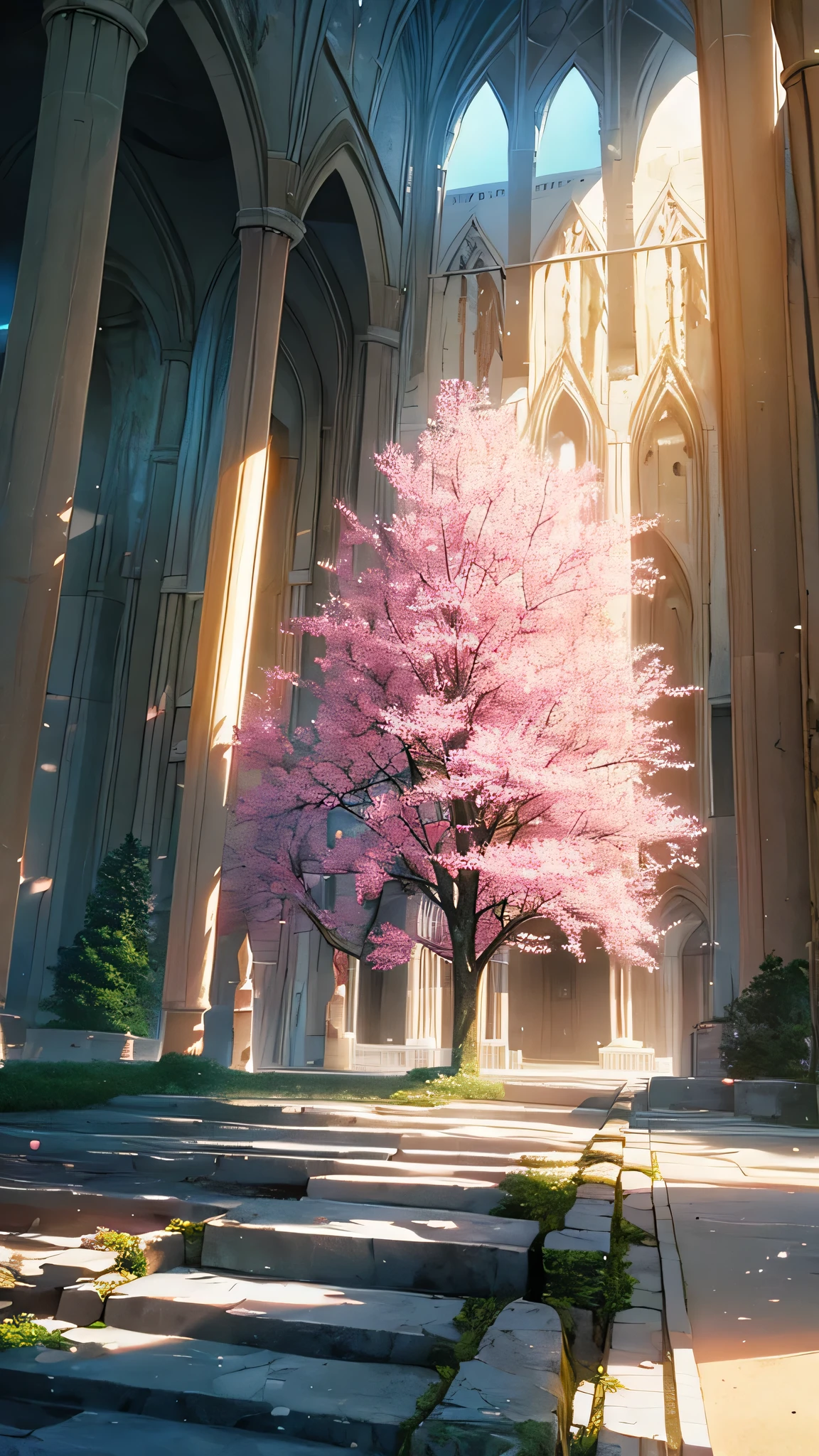Amazing pink tree on the rocks on the beach, A realistic depiction style of light, aisle, Art inspired by faith, ruins, Light-filled scene, immersive environments, Floral and natural motifs