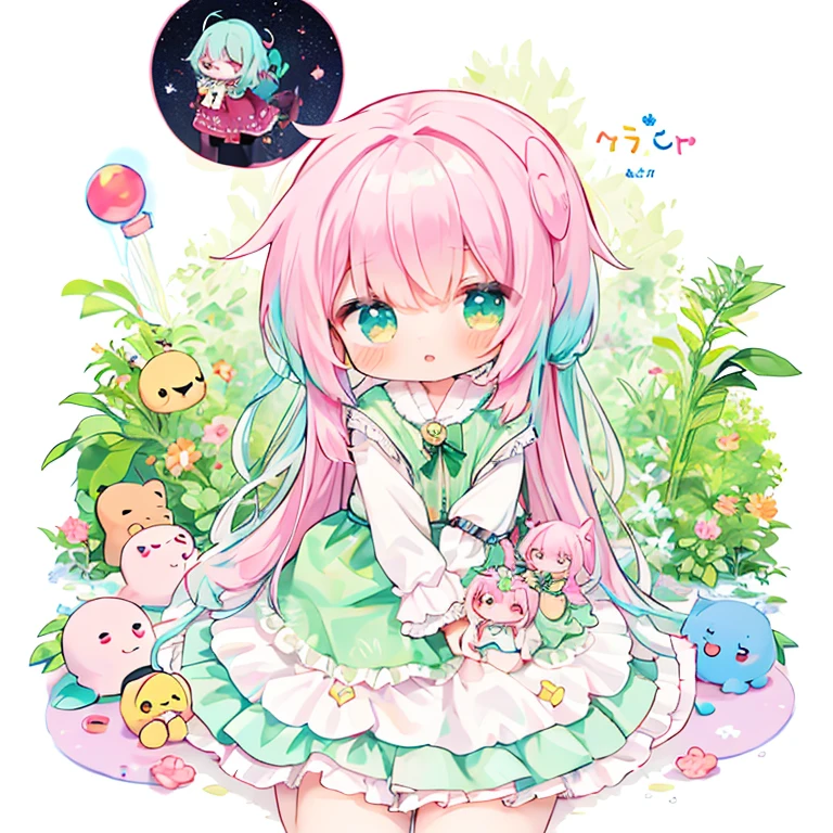 Chibi Character、3 years old、Pink Hair、Green Dress