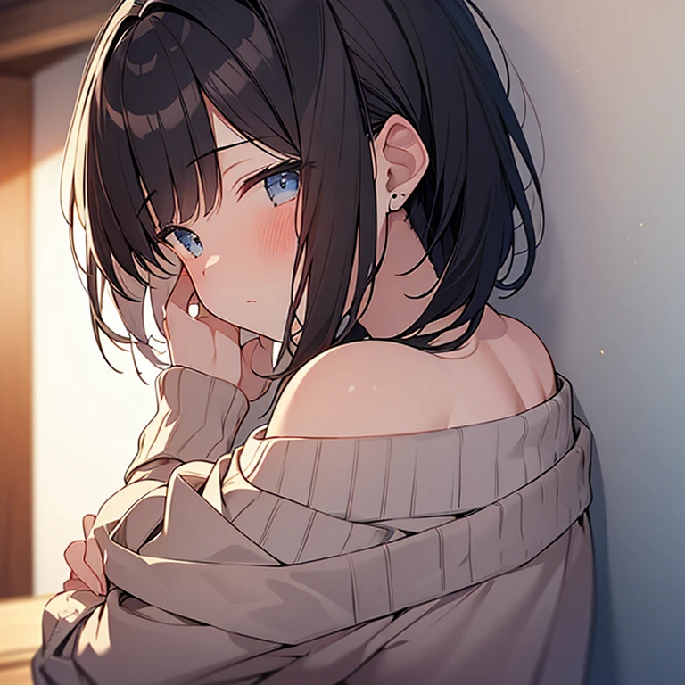 Masterpiece, Top quality, pov,1 beautiful girl, 1girl and 1 boy, (a boy is pinning her against the wall :1.2), boy's hands, black hair, short hair, wave hair,15 year old, medium breasts, standard weight,  (Off-the-shoulder sweater:1.3), blush :1.5, incoming kiss, beautiful scene of living room wall, she is standing in front of the wall, blurry background, sunset, from above:1.3, close up of face:1.5,