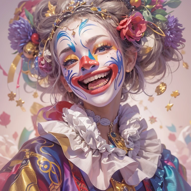 Hiding in the castle、Hair flow、 ((highest quality、masterpiece、8k、Best image quality、Ultra-high resolution、Award-winning works)、(Accurate anatomy:1.1)、(Look at me and smile:1.1)、Shining fair skin with Ultra-high resolution、The most detailed face、Ultra-high resolution detailed face、Ultra-high resolutionの髪の毛、(Ultra-high resolutionの煌めく瞳:1.1)、Beautiful face drawn in every detail、Cheerful clown costume, Chest to chest, Colorful Makeup、Masquerade、Half mask