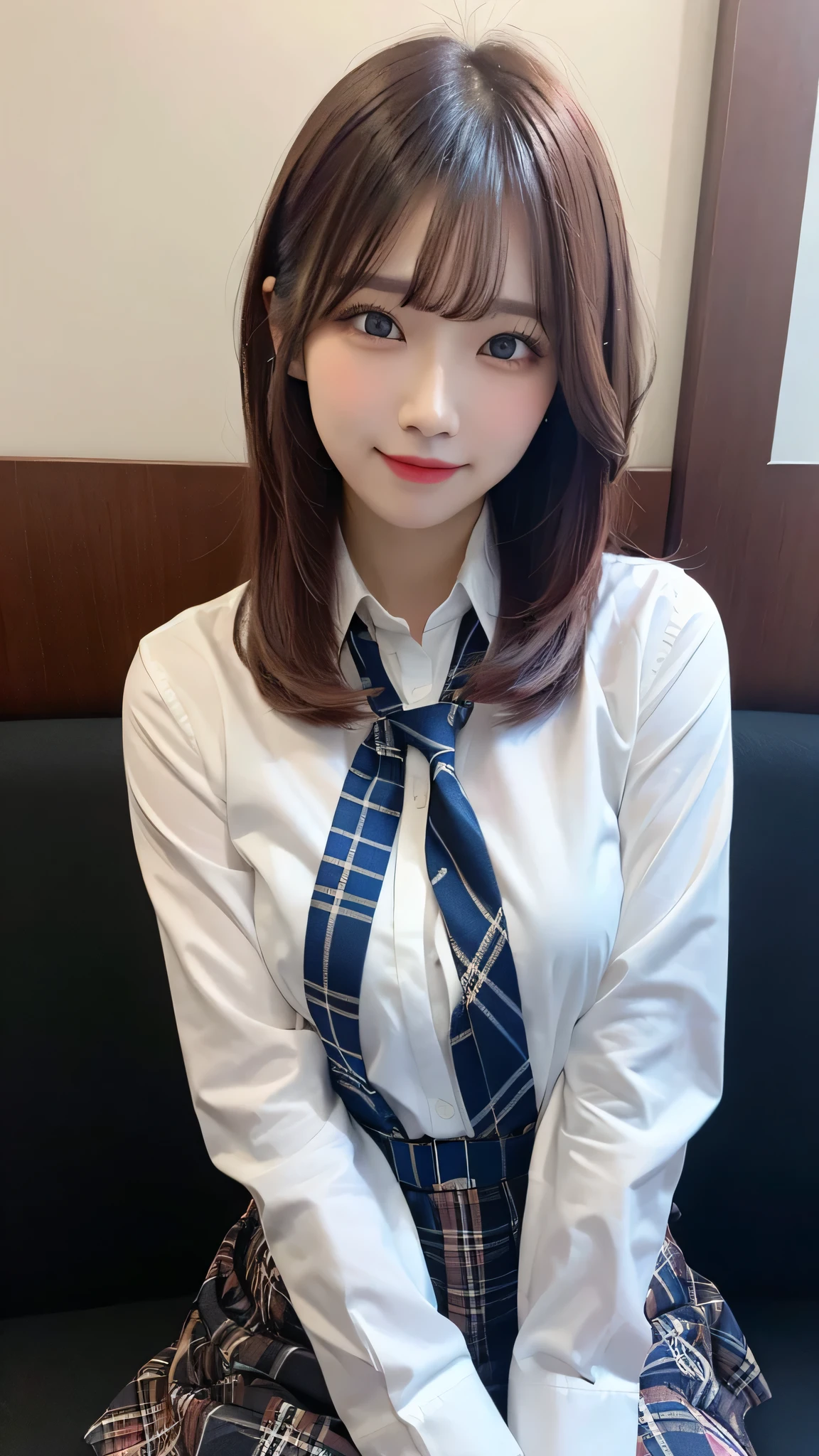 One girl, Hoshino (Blue Archive), alone, Heterochromia iridis, Pink Hair, skirt, Long Hair, tie, Ahoge, shirt, Hello, Plaid skirt, blue eyes, Plaid, View Viewer, white shirt, Sitting, Orange eyes, chest Harness, Harness, Long sleeve, ID card, Open your mouth, very Long Hair, collared shirt, smile, blue tie, bangs, Between the legs, hand Between the legs, blush, Hair between the eyes, High resolution,masterpiece, highest quality