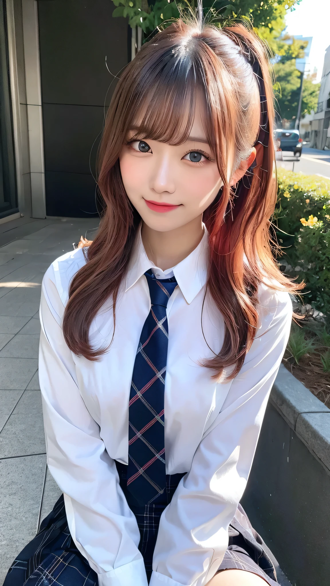 One girl, Hoshino (Blue Archive), alone, Heterochromia iridis, Pink Hair, skirt, Long Hair, tie, Ahoge, shirt, Hello, Plaid skirt, blue eyes, Plaid, View Viewer, white shirt, Sitting, Orange eyes, chest Harness, Harness, Long sleeve, ID card, Open your mouth, very Long Hair, collared shirt, smile, blue tie, bangs, Between the legs, hand Between the legs, blush, Hair between the eyes, High resolution,masterpiece, highest quality