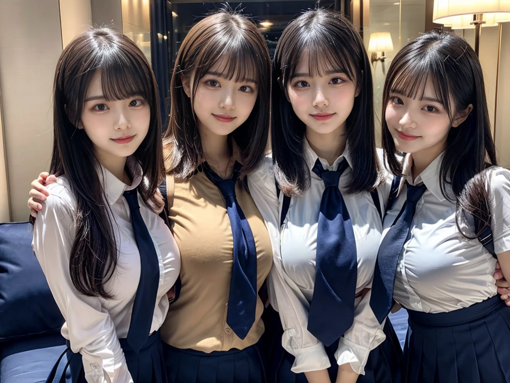 (8K, Raw photography, top-quality, masterpiece:1.2), ((3 beatiful girls))、.(Realistic Skins 1.4)、(((female high-school student、School Uniforms、)))、{{(The background is a luxury hotel room}}((School Uniforms、white Cutter shirt、darkblue pleatedskirt))、((Random Hairstyles))、(A dark-haired、The forehead is hidden by bangs、)、Black eyes、shinny skin.Beautiful delicate face、Beautiful delicate eyes、{Voluptuous body shape、Thicker thighs}、One piercing in each ear、((smile:1.3)),((large breasts)), ((navy blue tie)) ,looking at camera, ((close up))
