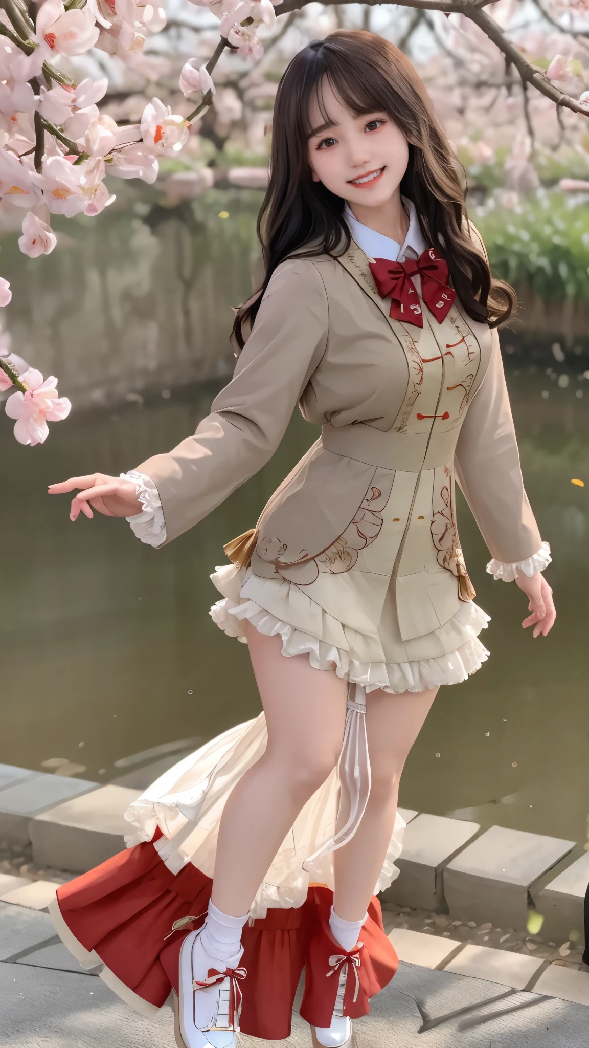 best quality, masterpiece, photorealistic, realistic, 1girl, solo, looking at viewer, grin, full body, long black hair, straight hair, bangs, blunt bangs, jumping, cyb dress, layered dress, long sleeves, hair bow, frilled dress, overcoat, bowtie, leg warmers, shoes, chinese lantern, spring festival, chinese garden, tree, flower, chinese new year, chinese building, people,