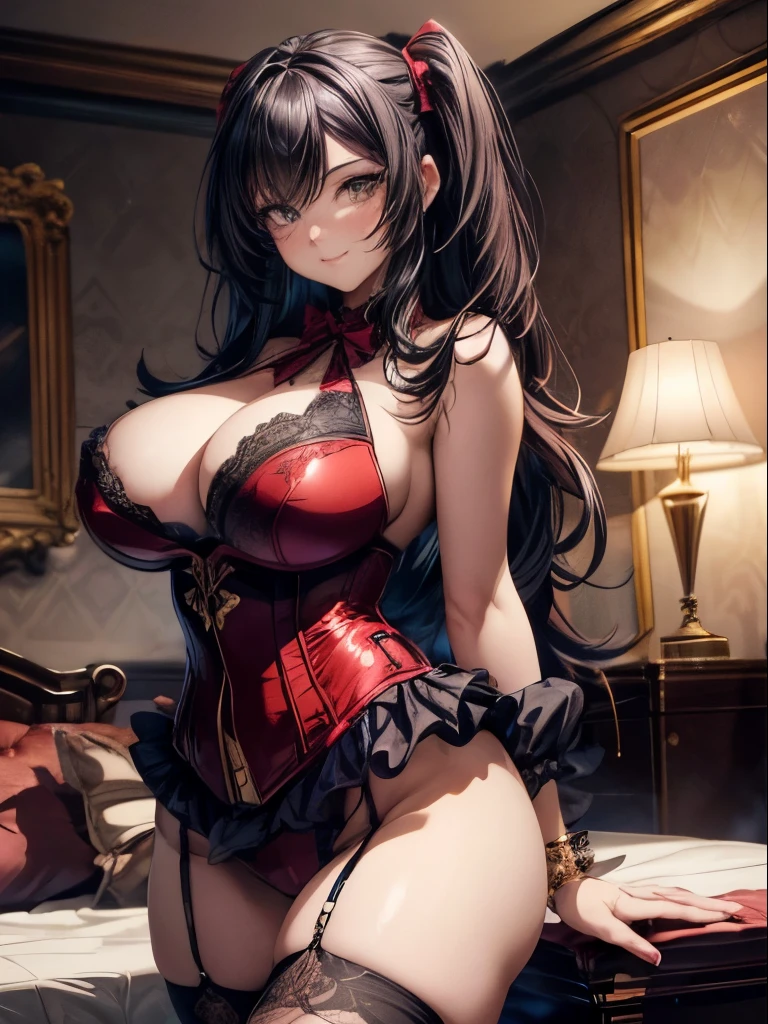 Anime, a glamour shot of a smiling MILF, wavy hair, busty, big ass, Standing demurely with her legs crossed in a bedroom, long sexy legs, leaning toward the viewer, with Smokey eyes and knowing smile wearing a revealing red corset, lace stockings, insanely detailed face and eyes, intricate, hyper-detailed bedroom, digital illustration, masterpiece, beautiful eyes, atmospheric lighting, centered, perfect anatomy, glowing eyes, candid portrait, clear, very detailed, smooth, sharp focus, focused on the viewer, facing the viewer
