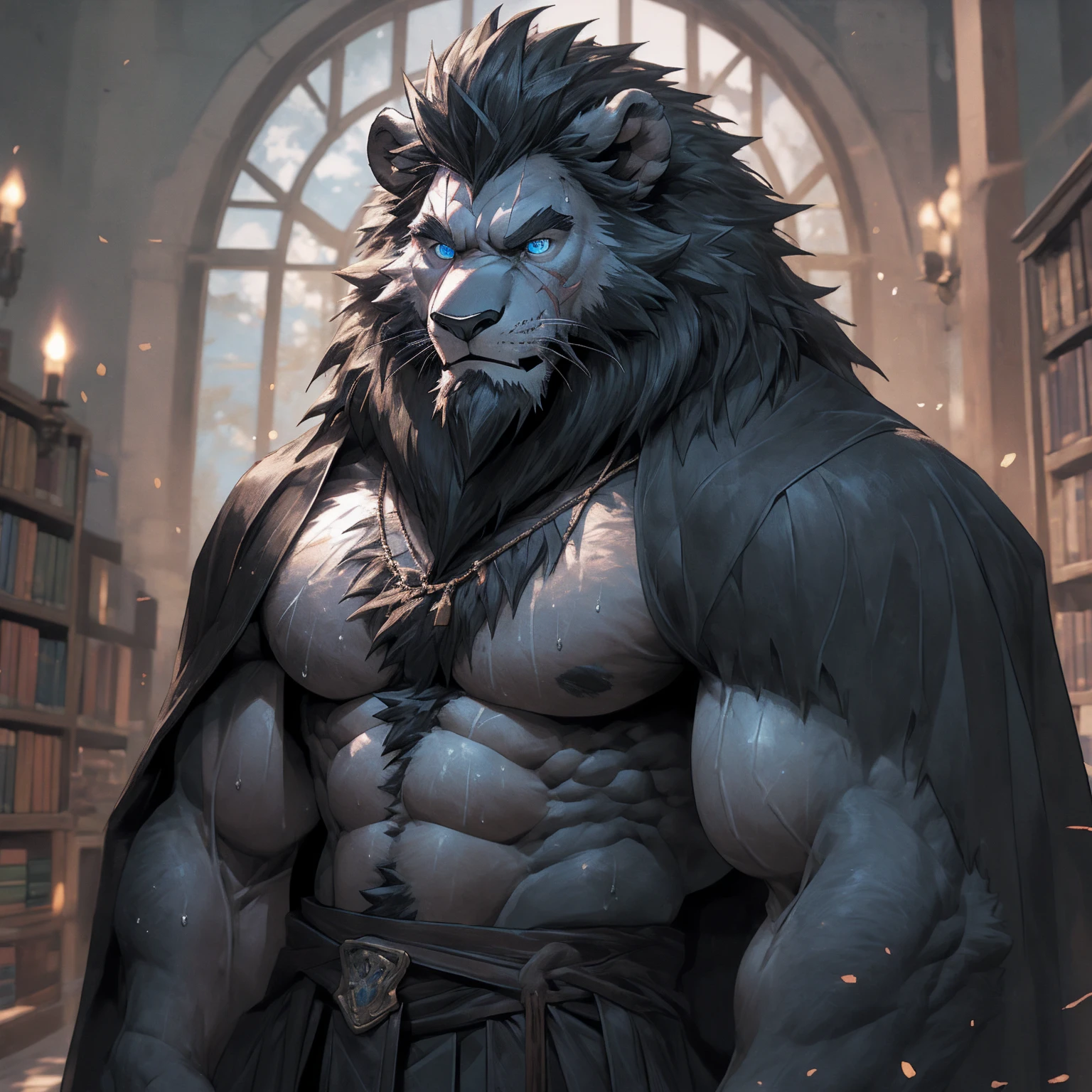 Sweaty, muscular, shirtless background of a spectacular magic library Harry Potter teacher wizard hairy anthropomorphic chest hair serious face(Scar on face) Mature (Blue eyes)Huge muscular ripped abs wild,Black Lion of Tribal Ambition