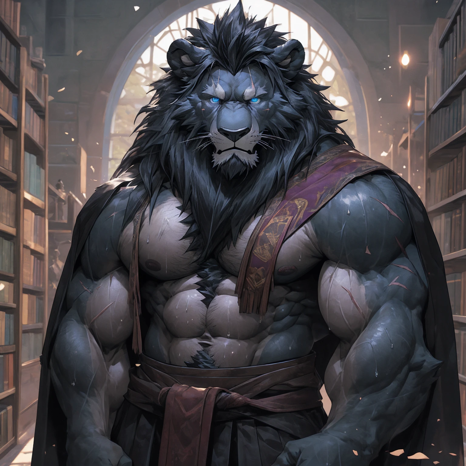 Sweaty, muscular, shirtless background of a spectacular magic library Harry Potter teacher wizard hairy anthropomorphic chest hair serious face（Scar on face） Mature （Blue eyes）Huge muscular ripped abs wild，Black Lion of Tribal Ambition