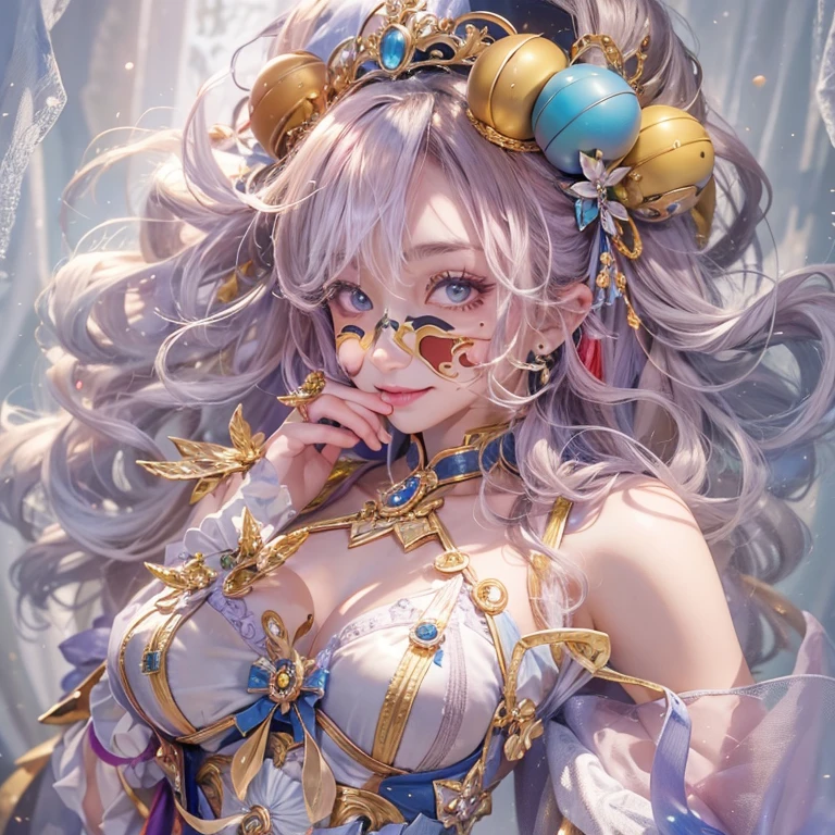 Hiding in the castle、Hair flow、 ((highest quality、masterpiece、8k、Best image quality、Ultra-high resolution、Award-winning works)、(Accurate anatomy:1.1)、(Look at me and smile:1.1)、Shining fair skin with Ultra-high resolution、The most detailed face、Ultra-high resolution detailed face、Ultra-high resolutionの髪の毛、(Ultra-high resolutionの煌めく瞳:1.1)、Beautiful face drawn in every detail、Cheerful clown costume, Chest to chest, tattoo,、Subtle clown make-up、Masquerade and masks