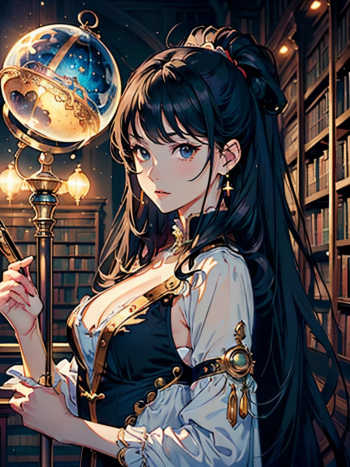 (highest quality、High resolution、masterpiece)、(Anime Art 4k)、((One Woman、astrologer、Astronomer、Upper Body、Black Hair、Small breasts)), ((Inside the large library、Large celestial globe、astrologerの机))、Victorian style、steampunk、Cinema Lighting、Ray Tracing、(Watercolor of singer Sargent)、