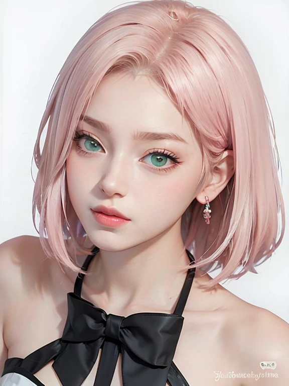 young woman, short shoulder-length pink hair, wide forehead, porcelain skin, pink eyebrows, big emerald green eyes, oned nose, full lips, heart-shaped face, slender body, small bread tank top, Sakura Haruno , realistic, realism, details, 3d, well detailed