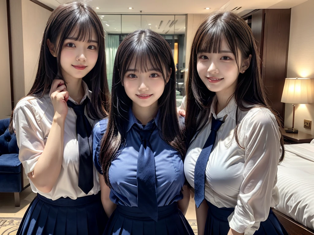 (8K, Raw photography, top-quality, ​masterpiece:1.2),  ((3 beatiful girls))、.（Realistic Skins 1.4）、（（（female high-school student、School Uniforms、）））、{{‎(The background is a luxury hotel room}}（（School Uniforms、white Cutter shirt、darkblue pleatedskirt))、（(long hair)）、（A dark-haired、The forehead is hidden by bangs、）、Black eyes、shinny skin.Beautiful delicate face、Beautiful delicate eyes、｛Voluptuous body shape、Thicker thighs｝、One piercing in each ear、((smile:1.3)),((large breasts)), ((navy blue tie)) ,looking at camera, ((close up))