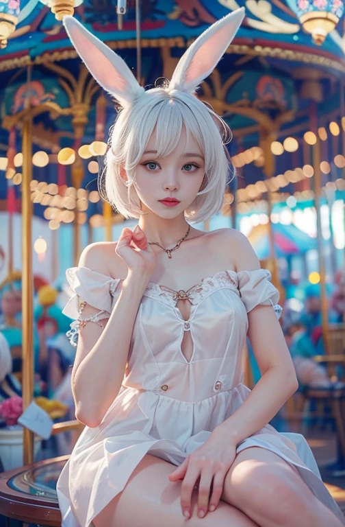 18-year-old, Wide-angle lens, A woman in stylish spring clothes、Woman enjoying merry-go-round at night,thin、Serious expression、Short-haired、Deadly position, Gorgeous Necklace, Light milky porcelain skin, Smooth, Translucent white skin, Enchanting anime girl, Beautiful and seductive anime woman, Super realistic sweet bunny ears girl, Pale porcelain white skin, Smooth, Realistic and perfect body, Anime Girl Cosplay, Perfect body with realistic shadows, Switzerland'masterpiece, There is a real white rabbit. Red eyes and blue eyes