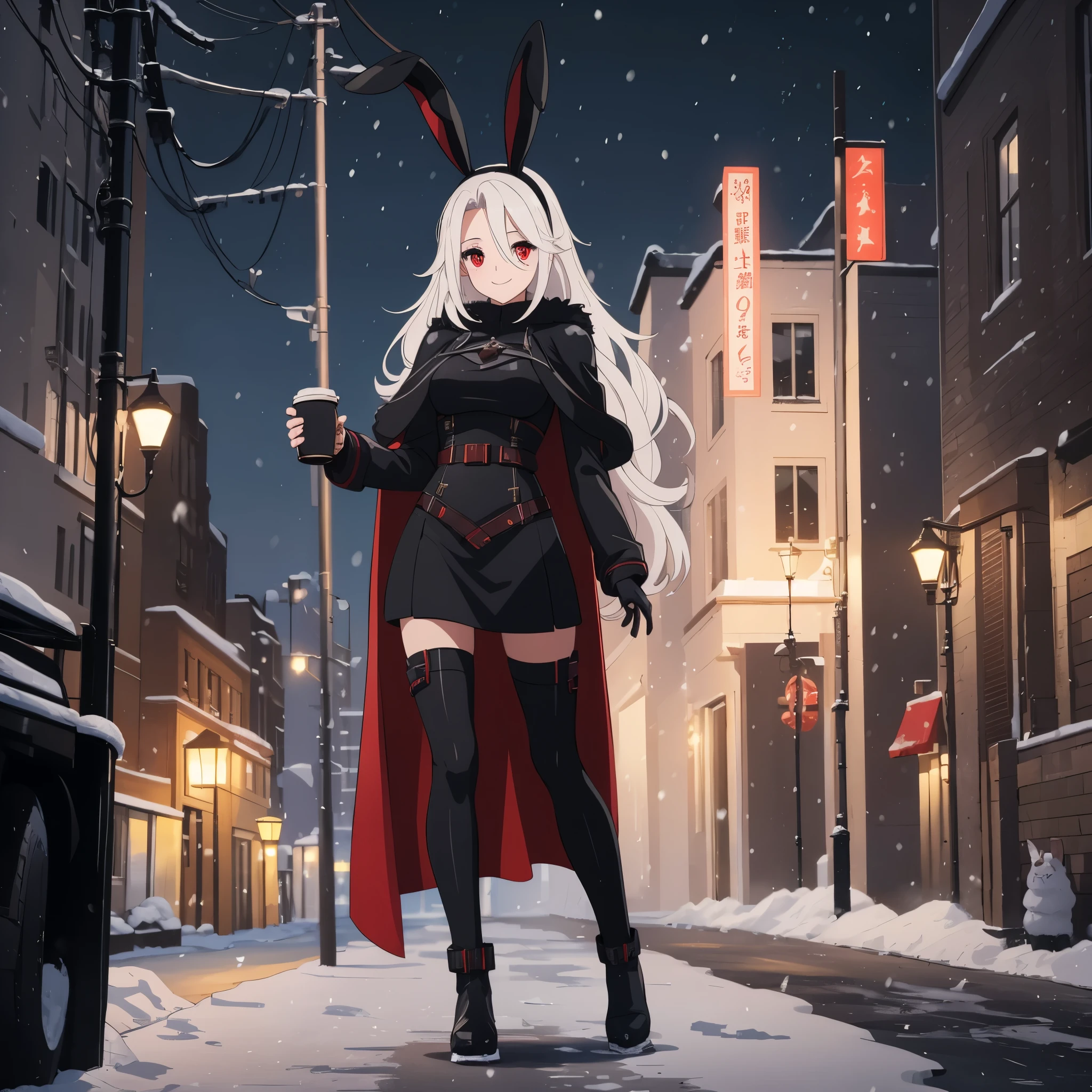 A woman wearing a black cold coat, long fur cape, black skirt, black leather boots, walking on a sidewalk covered in snow, snowy city, blurred background, night place, lighting place, holding a cup with hot chocolate, long white hair, red eyes, smiling, black rabbit ears,full body.( solo woman), glow, drop shadow, flower, UHD, masterpiece, accurate, anatomically correct, textured skin, super detail, high quality, best quality, 8k, high resolution, bokeh effect.