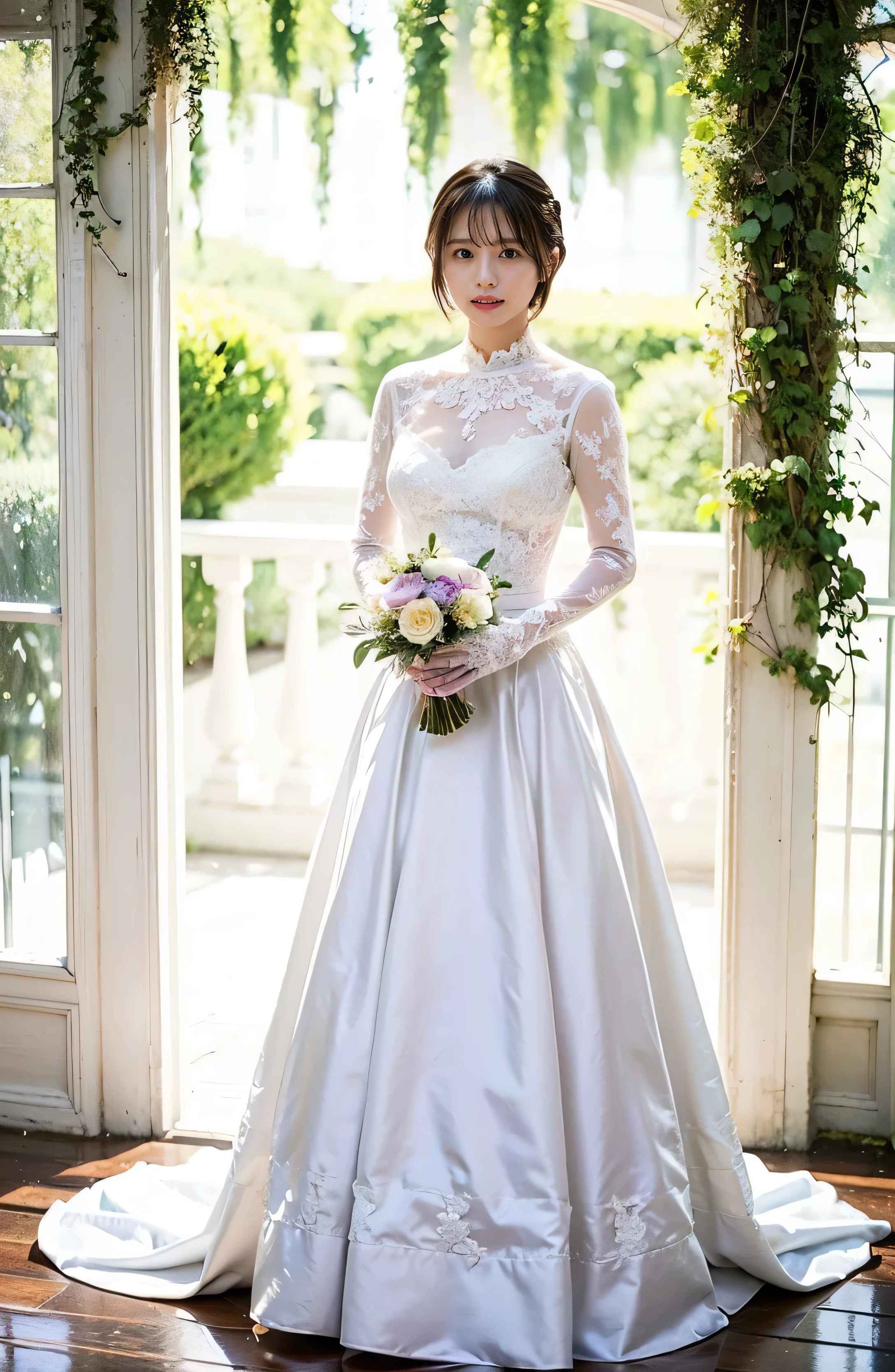 Wear white lace gloves、Big Smile、Holding a bouquet、A lovely smile、A luxurious white silk dress with lace、Stunning gardens、Colorful flowers々is blooming、White silk and shiny dress、A luxurious and elegant white wedding dress、Braided hair only for the bangs((wedding ceremony:1.4))、Full body photo、smile、 Caustics、Highly detailed photos、Very beautiful eyeedium Short Hair、Large Breasts、Super no makeup、(8k、RAW Photos、highest quality、masterpiece:1.2)、(Realistic、Realistic)、1 girl、((Medium Short Hair、Looking into the camera:1.4))、