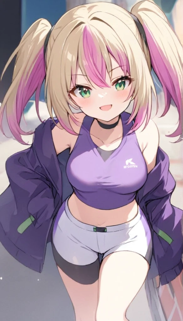 1 girl,Double tail,Medium Length Hair,Blonde Hair, ((Highlight hair,Pink striped hair)),Smile,white shorts,Purple shirt,sport jacket,Medium breasts,Green eyes,Urban area,