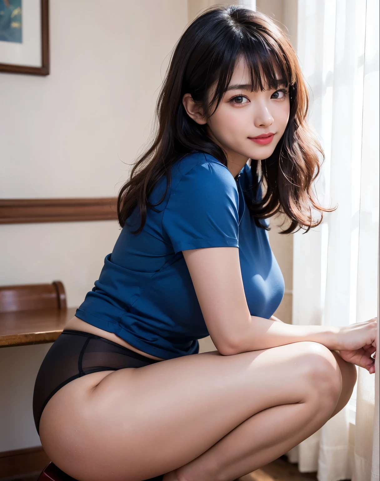 (8k, RAW Photos, highest quality, masterpiece:1.2), Super Resolution, (Realistic, Realistic Photo:1.37), whole body, 頭からつま先までwhole body, High-resolution RAW color photos, Professional photos, Very detailed, 8k wallpaper, Very detailed美少女, Very detailed顔, Very detailed目, Very detailed肌, Very detailed指, Very detailed鼻, Very detailed詳細な口 , Very detailedな脚, Perfect Anatomy, Very detailed背景, Very detailed衣服, 1 girl, (18:1.2), Age 25,  Fair skin, Oily and shiny skin , Curly Hair, (bangs:1.2), smile, Cute Face, Realistic face, Satin short T-shirt, No bra, Micro Mini Skirt, Squat with your butt facing the camera, Dynamic Lighting, Very large breasts, stockings, High heels