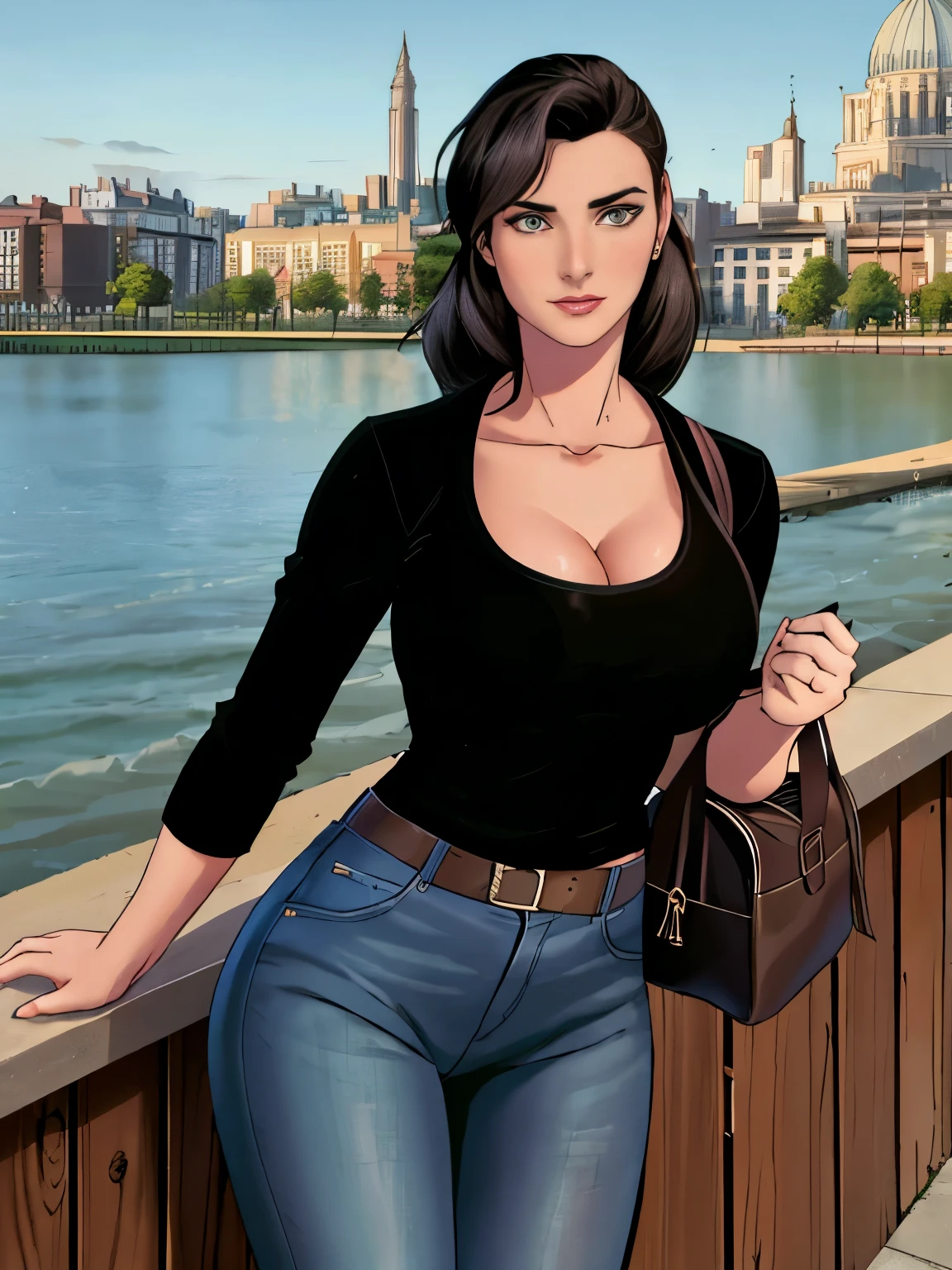 (masterpiece, top quality, best quality, official art, beautiful and aesthetic:1.2), (1girl:1.3), dark brown hair pulled back, elegant updo, extremely detailed, portrait, looking at viewer, facing viewer, solo, (full body:0.6), detailed background, close up, kindly eyes, (warm summer park theme:1.1), busty woman, charlatan, smirk, mysterious, long hair, updo, slim, thin, athletic, womanly, elastic woman, black jacket, tank top, green jeans, hair bandana, camera bag, brunette, city, heroic, cheerful, city exterior, park, street, daylight, soft lighting, natural lighting, athletic, strong, slim waist, slim hips, long legs, muscular legs, modern (city park exterior:1.1) background, bright mysterious lighting, shadows, magical atmosphere, dutch angle,