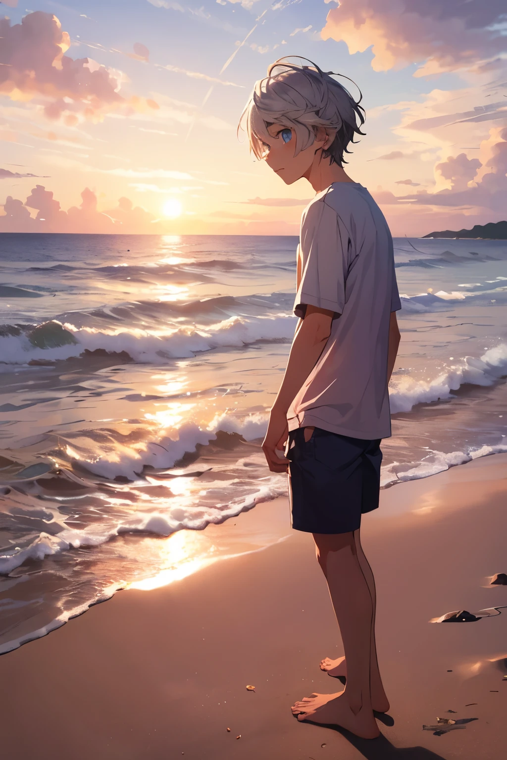 Illustrate an anime-style scene featuring a teenage boy standing barefoot on a sandy beach at sunset. He has short, silver hair and blue eyes, and wears a white short-sleeved shirt and light blue shorts. The boy is gazing at the ocean, where the sun is setting, casting vibrant hues of orange, pink, and purple across the sky and water. The overall mood is serene and contemplative, with the warm colors of the sunset enhancing the beauty of the scene.