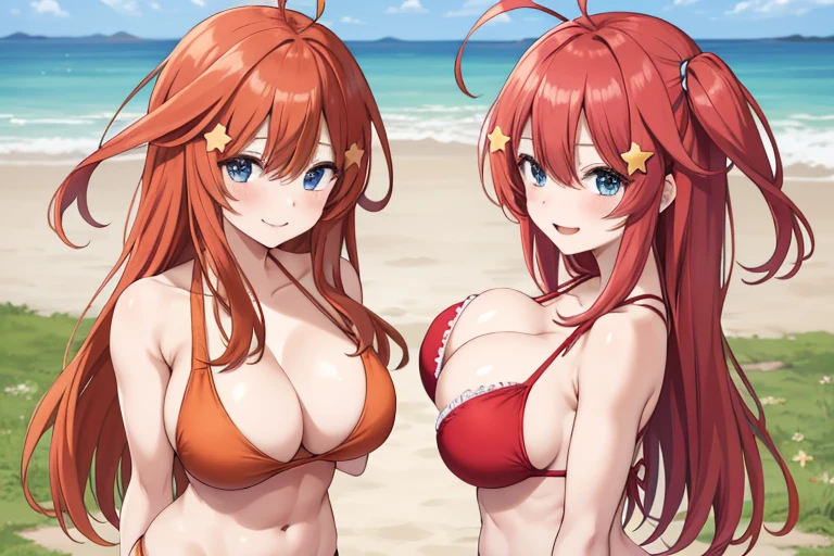 2d, masterpiece, best quality, anime, highly detailed, 5 girl, photo of 5 girl, quintuplets, nakano itsuki, red hair, long hair, star hair ornament, ahoge, large breasts, spa, red bikini, outdoors, smile, sexy body, perfect body, abs muscular, belly button, side breasts, back of thigh, breast size comparison, breast fight, breasts pressing, breasts pressed together, pairing a character with their own self, underboob, lots of breasts, breast sumo, full body, t-back thong, bird's-eye view, hand on hair, hand on chest 