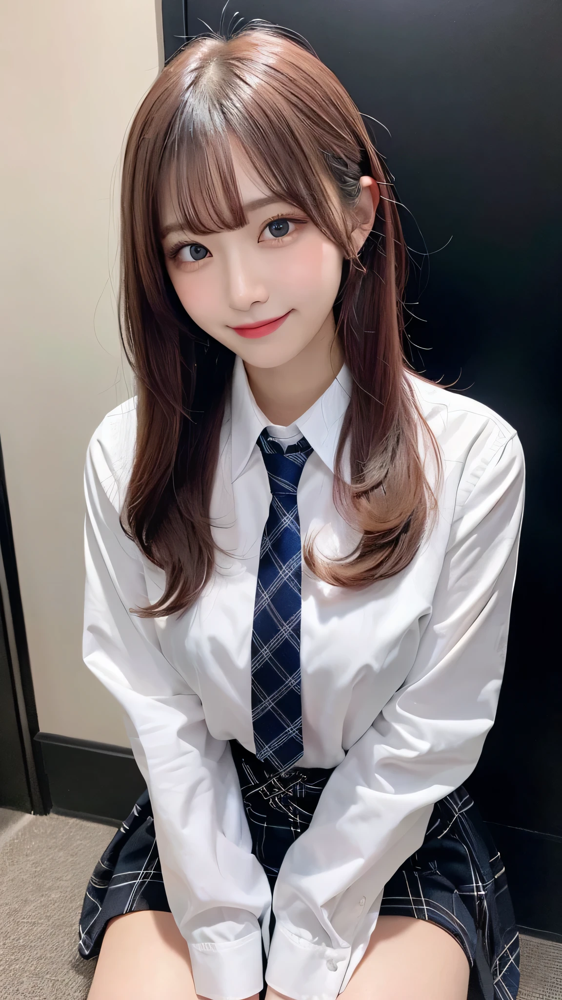 One girl, Hoshino (Blue Archive), alone, Heterochromia iridis, Pink Hair, skirt, Long Hair, tie, Ahoge, shirt, Hello, Plaid skirt, blue eyes, Plaid, Big Breasts,View Viewer, white shirt, Sitting, Orange eyes, chest Harness, Harness, Long sleeve, ID card, Open your mouth, very Long Hair, collared shirt, smile, blue tie, bangs, Between the legs, hand Between the legs, blush, Hair between the eyes, High resolution,masterpiece, highest quality