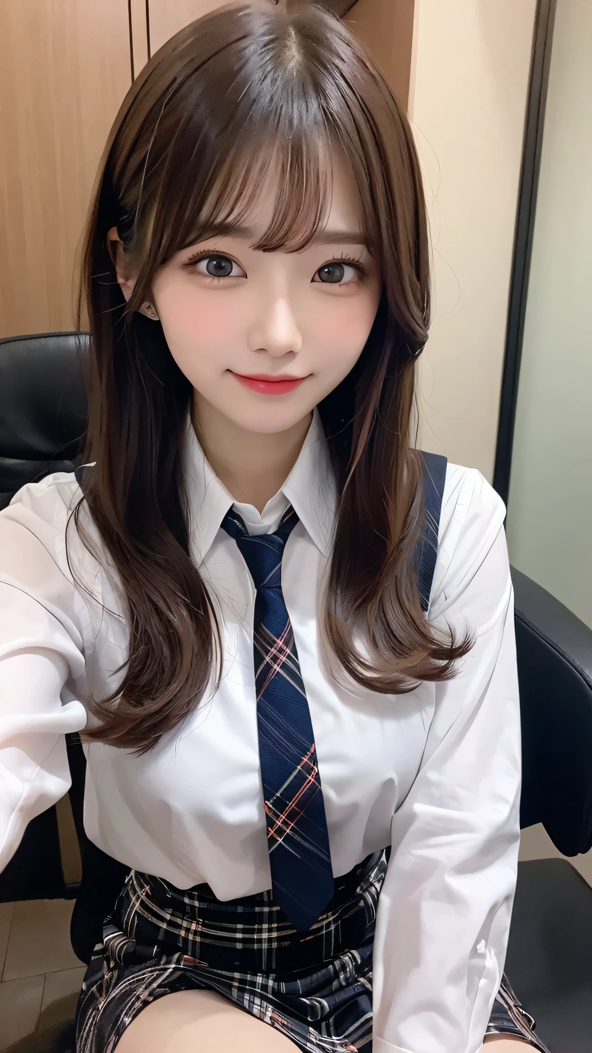 One girl, Hoshino (Blue Archive), alone, Heterochromia iridis, Pink Hair, skirt, Long Hair, tie, Ahoge, shirt, Hello, Plaid skirt, blue eyes, Plaid, Big Breasts,View Viewer, white shirt, Sitting, Orange eyes, chest Harness, Harness, Long sleeve, ID card, Open your mouth, very Long Hair, collared shirt, smile, blue tie, bangs, Between the legs, hand Between the legs, blush, Hair between the eyes, High resolution,masterpiece, highest quality