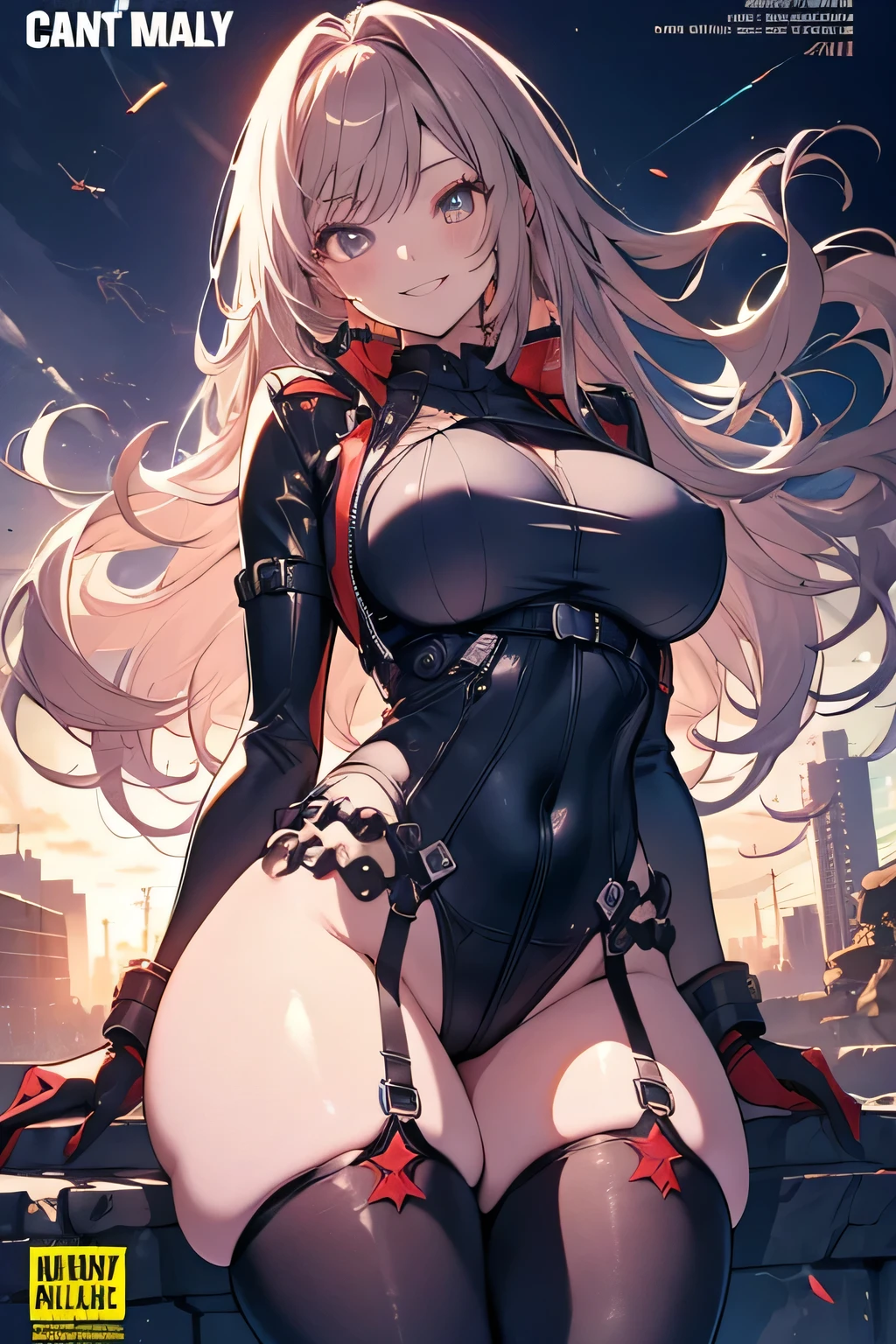 Anime illustration、highest quality、Perfect proportions、Overwhelmingly large breasts、Fatty legs、smile、Beautiful, shining eyes、Cowboy Shot、Military magazine cover、Heading、Stylish fonts
