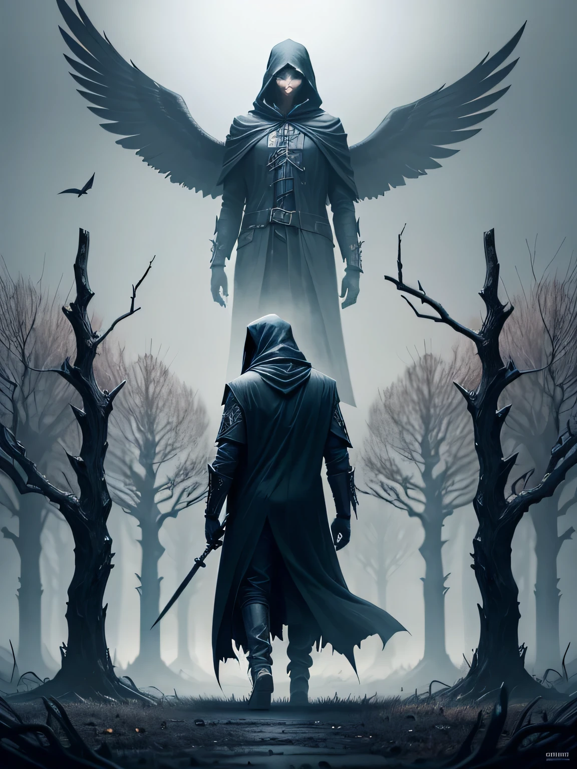 Black Reaper,Death standing in front of a tree,Birds flying around, Death of the Night!!!!, Reminds me of the Grim Reaper, Fantasy Dark Art, dark landscape, Dark Fantasy Art, Black Crow, An ominous fantasy illustration, Dark Fantasy Art, Dark Fantasy Artwork, Death is a terrible thing, Dark Hood Ghost, The crow as a symbol of death