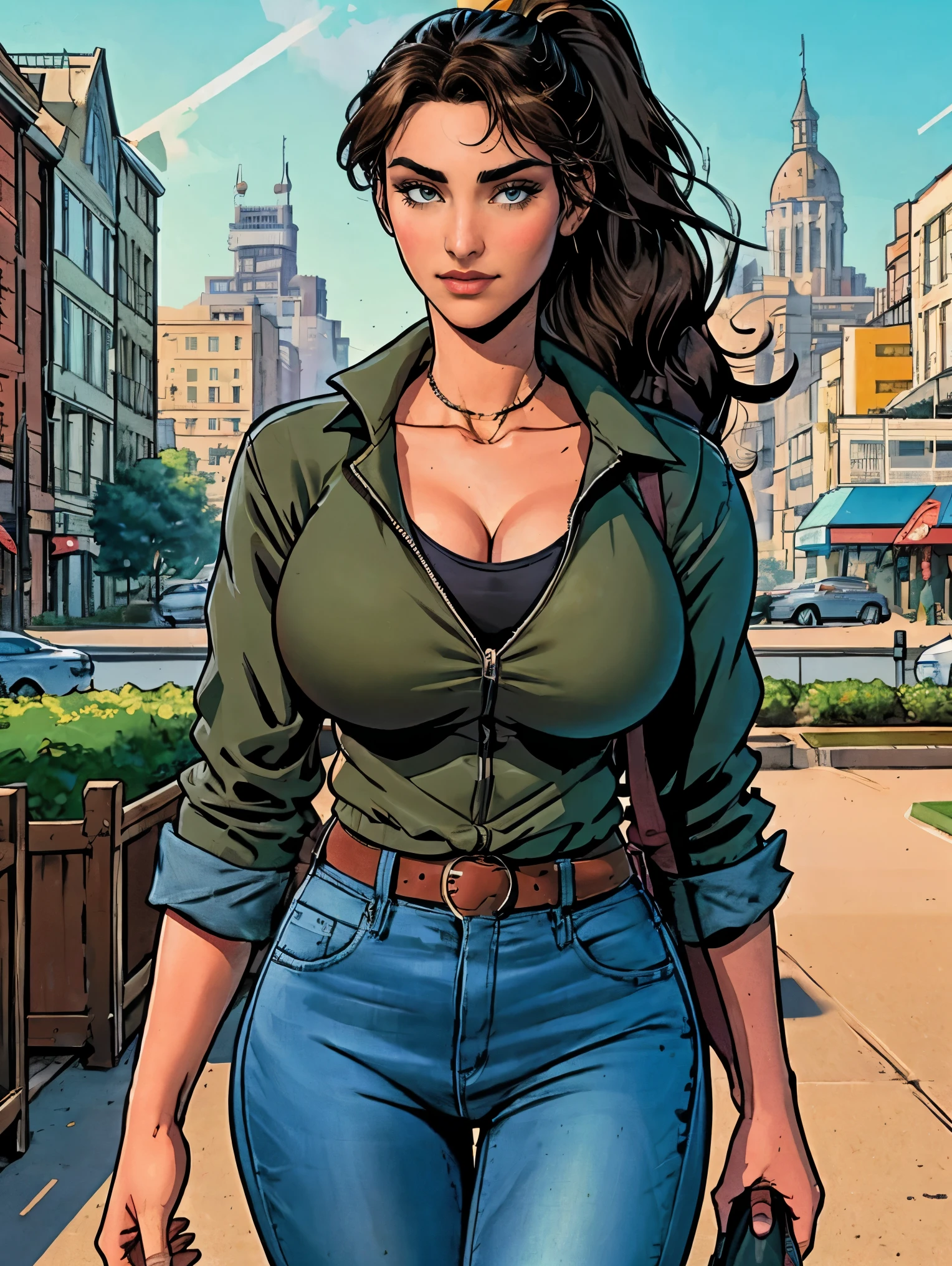 (masterpiece, top quality, best quality, official art, beautiful and aesthetic:1.2), (1girl:1.3), dark brown hair pulled back, elegant updo, extremely detailed, portrait, looking at viewer, facing viewer, solo, (full body:0.6), detailed background, close up, kindly eyes, (warm summer park theme:1.1), busty woman, charlatan, smirk, mysterious, long hair, huge ponytail, slim, thin, athletic, womanly, elastic woman, dark green jacket, tank top, blue jeans, hair bandana, camera bag, brunette, city, heroic, cheerful, city exterior, park, street, daylight, soft lighting, natural lighting, athletic, strong, slim waist, slim hips, long legs, muscular legs, modern (city park exterior:1.1) background, bright mysterious lighting, shadows, magical atmosphere, dutch angle, 