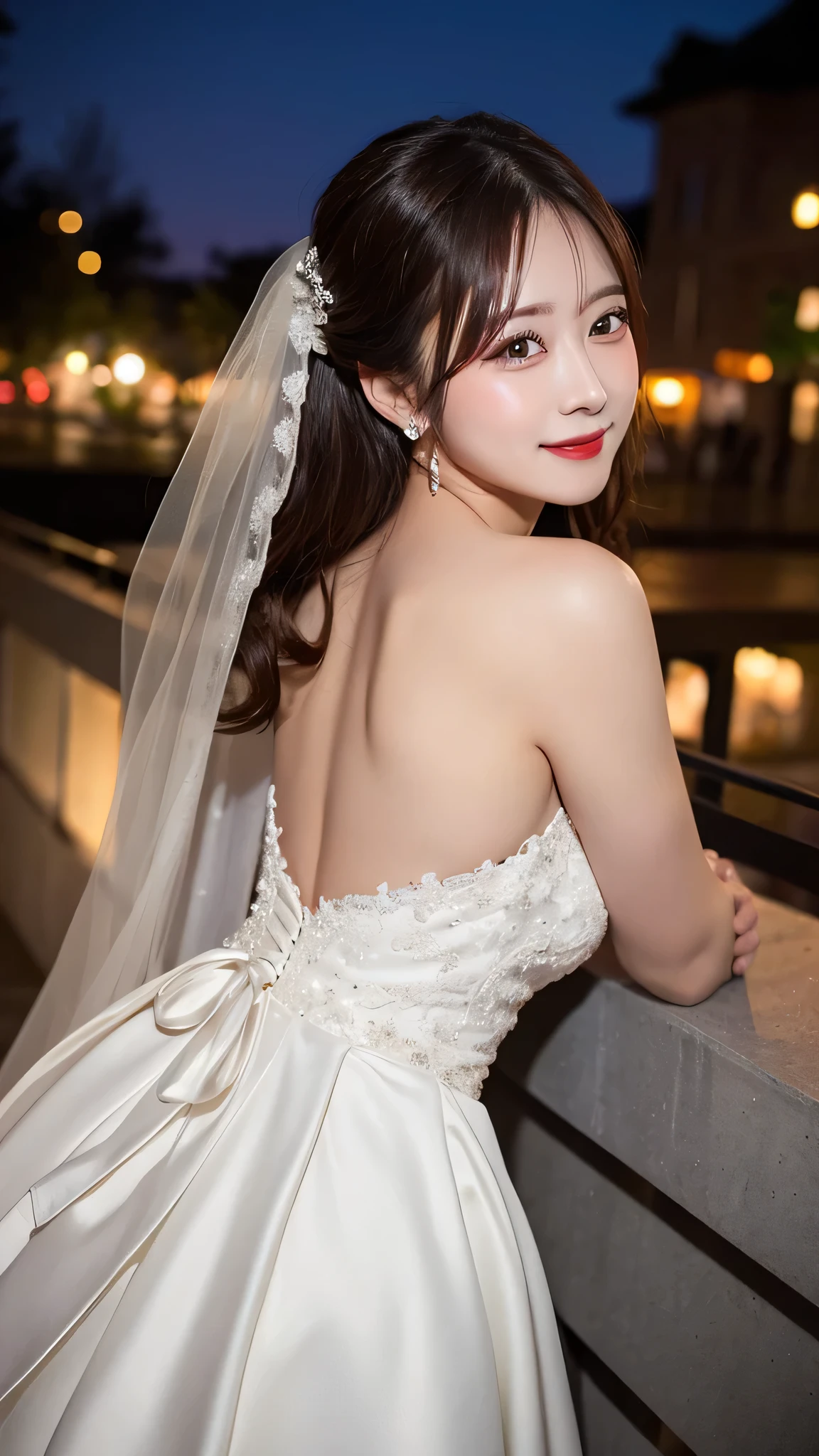 (highest quality, High resolution, masterpiece:1.2,), figure, night, One girl, whole body, (Wedding dress), Put your arms behind your back, Wait for a kiss, View Viewer, Happy, blush,