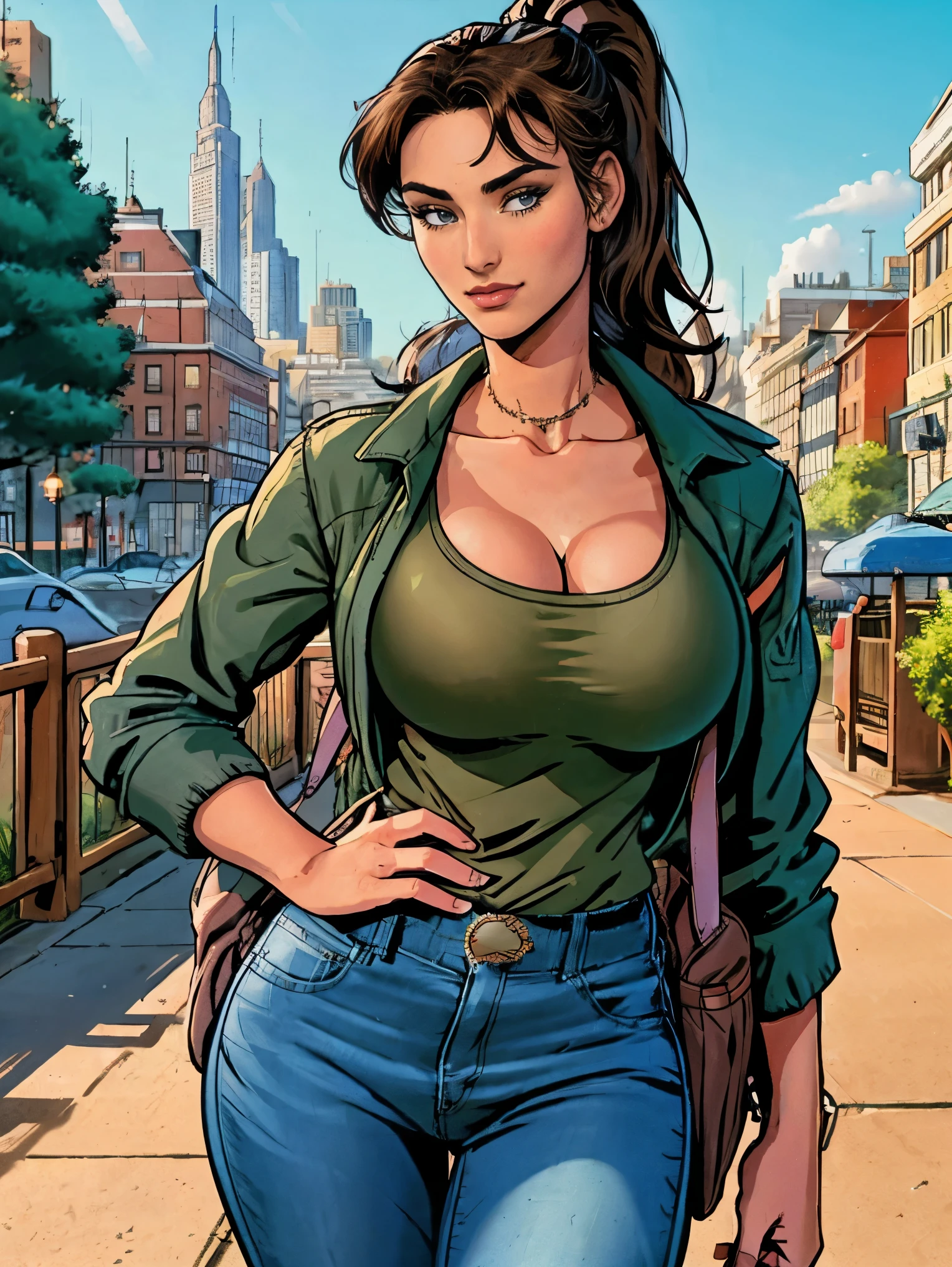 (masterpiece, top quality, best quality, official art, beautiful and aesthetic:1.2), (1girl:1.3), dark brown hair pulled back, elegant updo, extremely detailed, portrait, looking at viewer, facing viewer, solo, (full body:0.6), detailed background, close up, kindly eyes, (warm summer park theme:1.1), busty woman, charlatan, smirk, mysterious, long hair, huge ponytail, slim, thin, athletic, womanly, elastic woman, dark green jacket, tank top, blue jeans, hair bandana, camera bag, brunette, city, heroic, cheerful, city exterior, park, street, daylight, soft lighting, natural lighting, athletic, strong, slim waist, slim hips, long legs, muscular legs, modern (city park exterior:1.1) background, bright mysterious lighting, shadows, magical atmosphere, dutch angle,