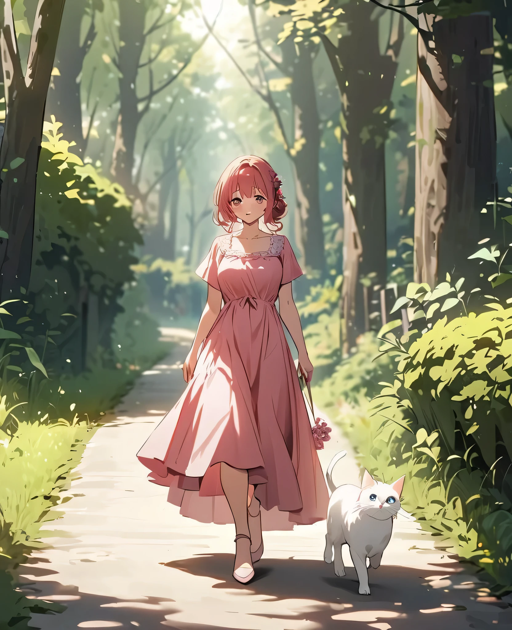 A beautiful lady wearing a pastel red Violet dress walking in the grssy road with a cute white cat following her walk